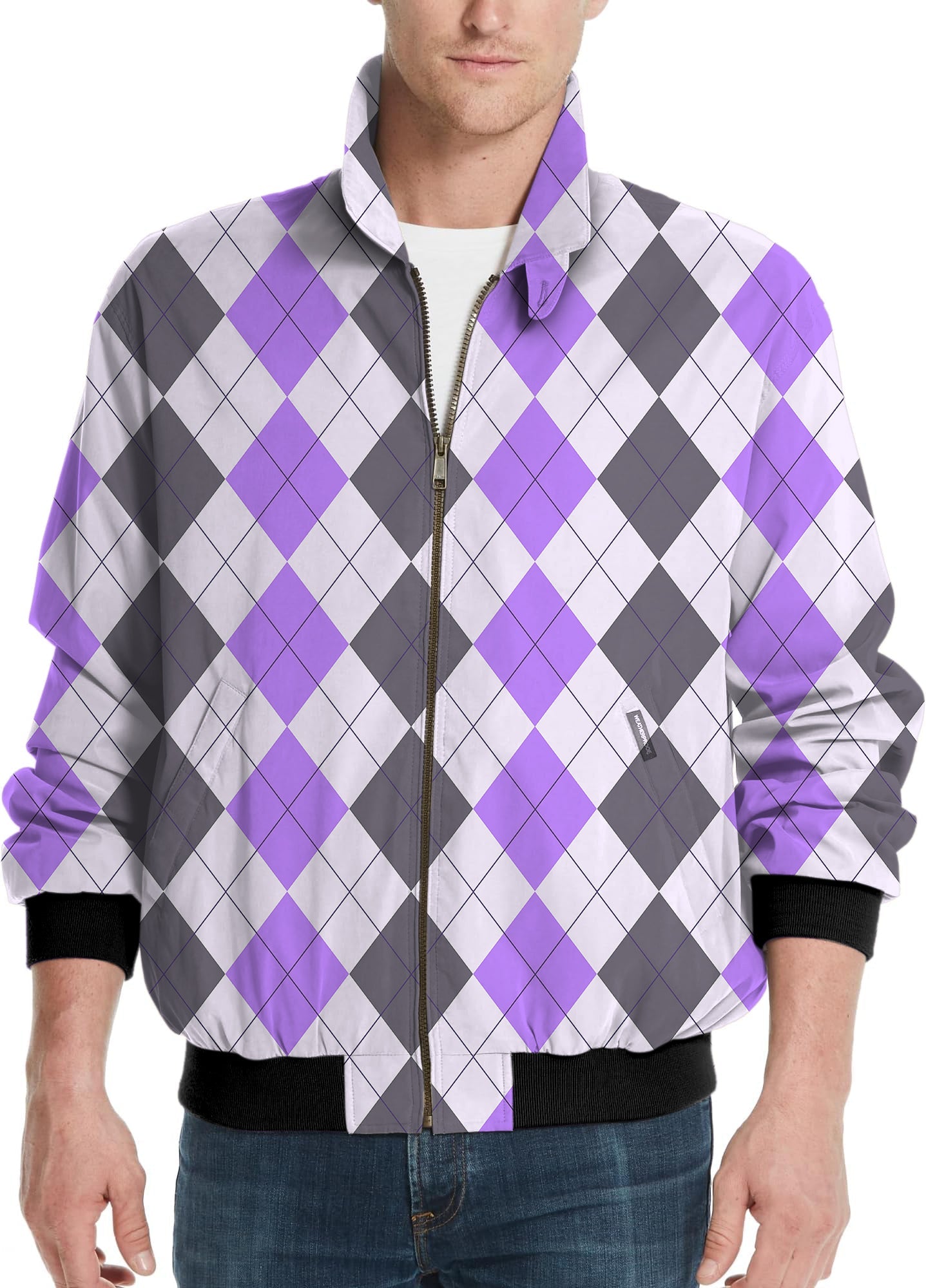Purple grey argyle men's golf windbreaker light jacket with full zipper and black cuffs