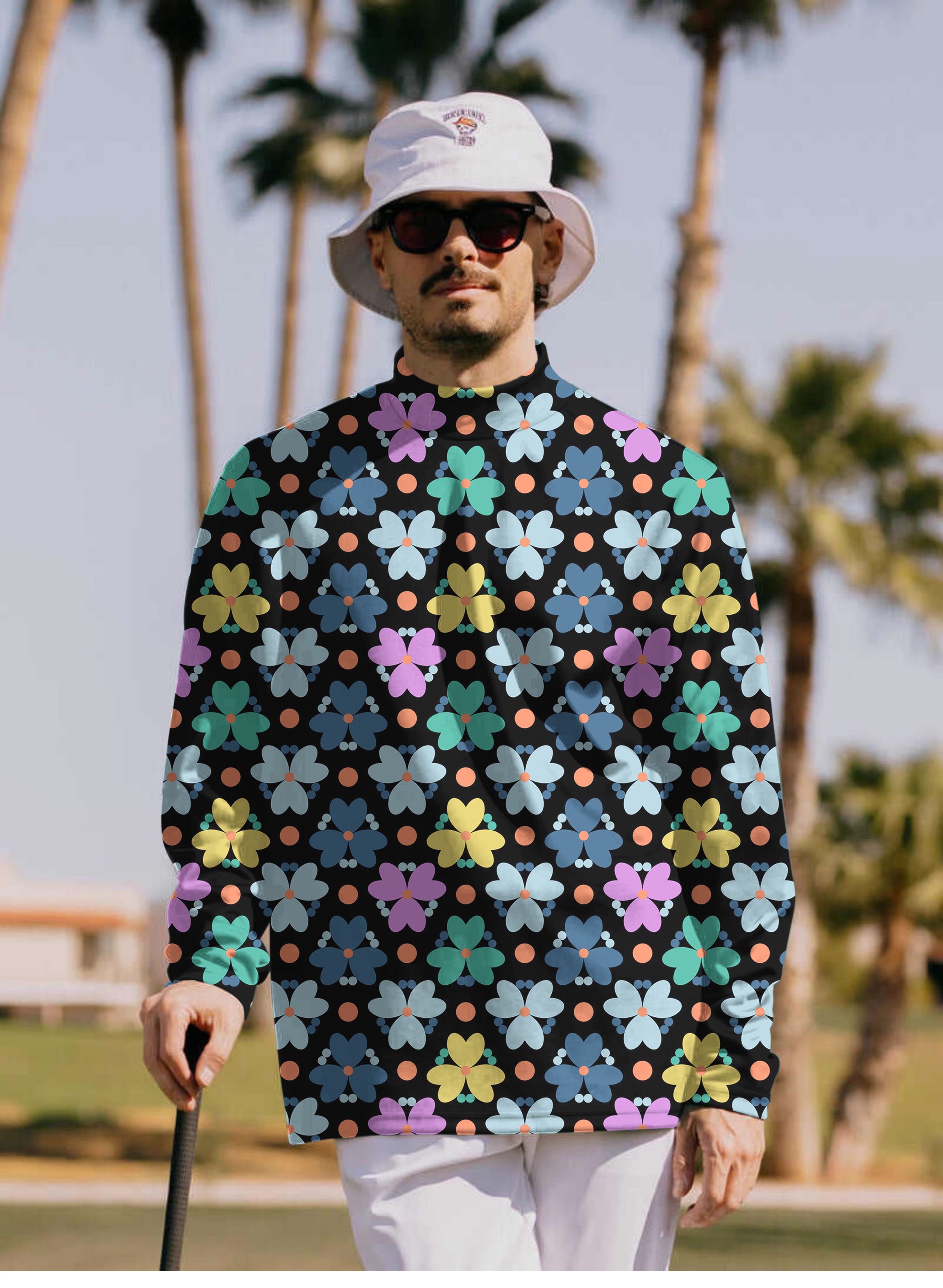 Men's Modern Flowers Pullover High neck Long/Short sleeve T-Shirt