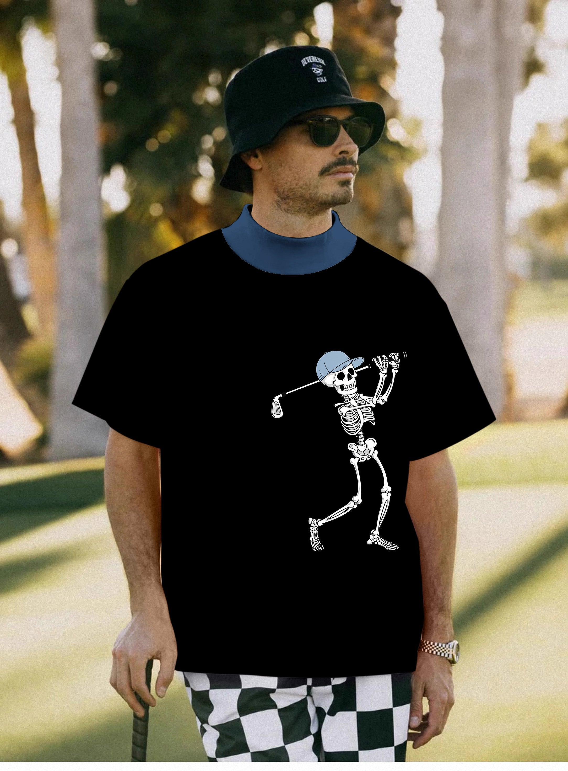 Men's blue royal black Halloween skeleton golf pullover with high neck and short sleeves