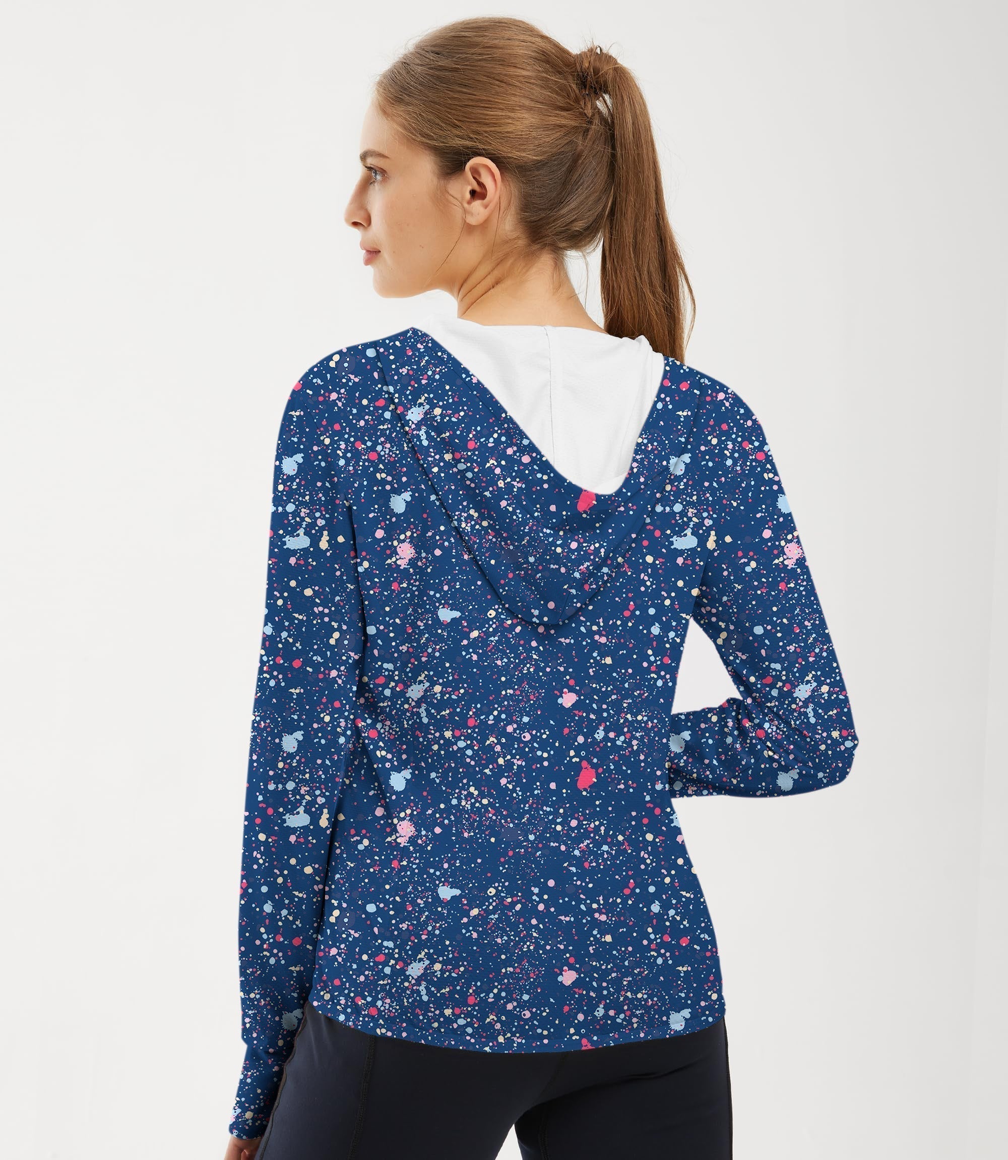 Women's outdoor navy blue ink dots golf sun protection slim fit zip hoodie with thumb holes and UPF 50+ fabric