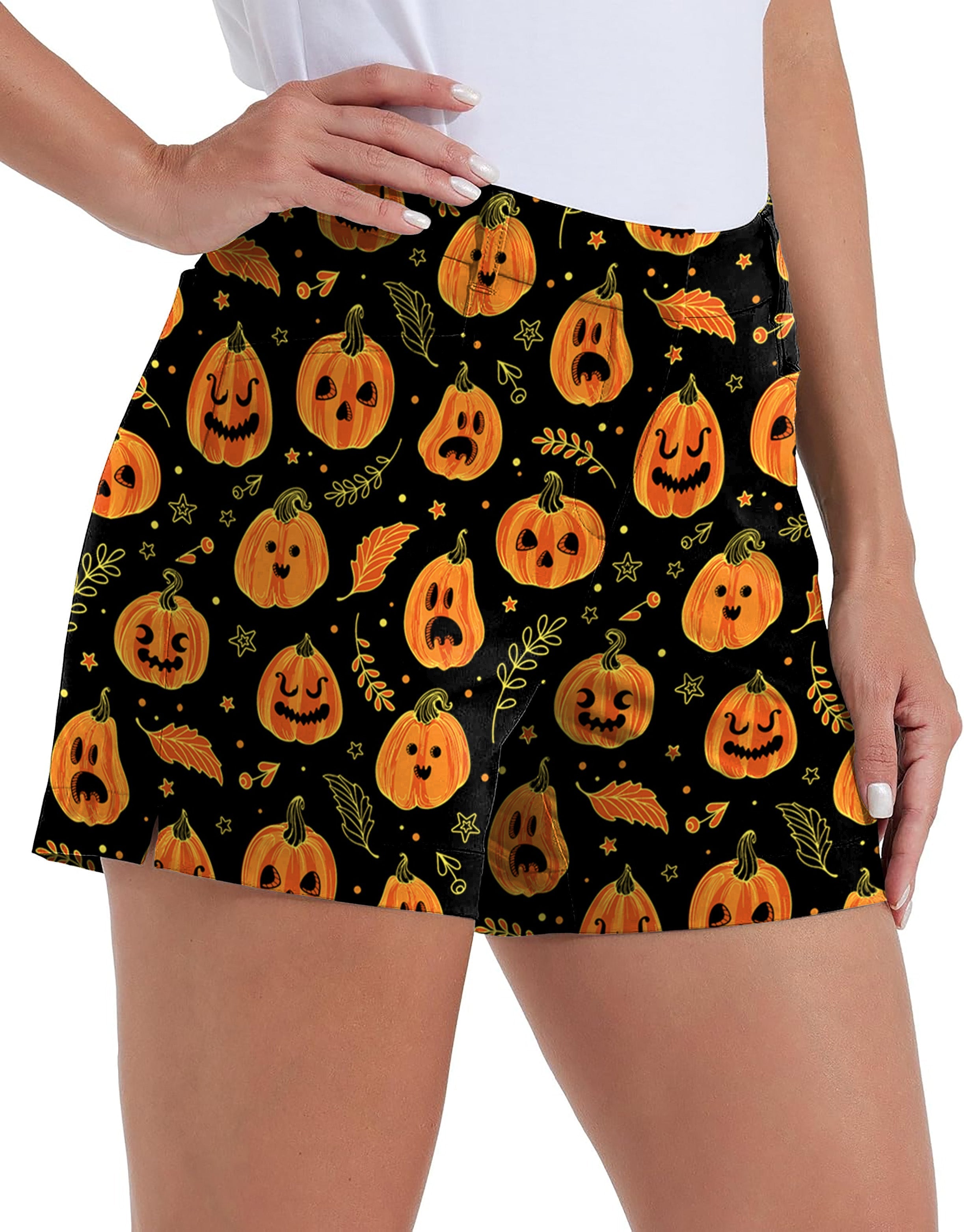 Women's Halloween kawaii pumpkin bones golf shorts with pockets, quick-drying and waterproof