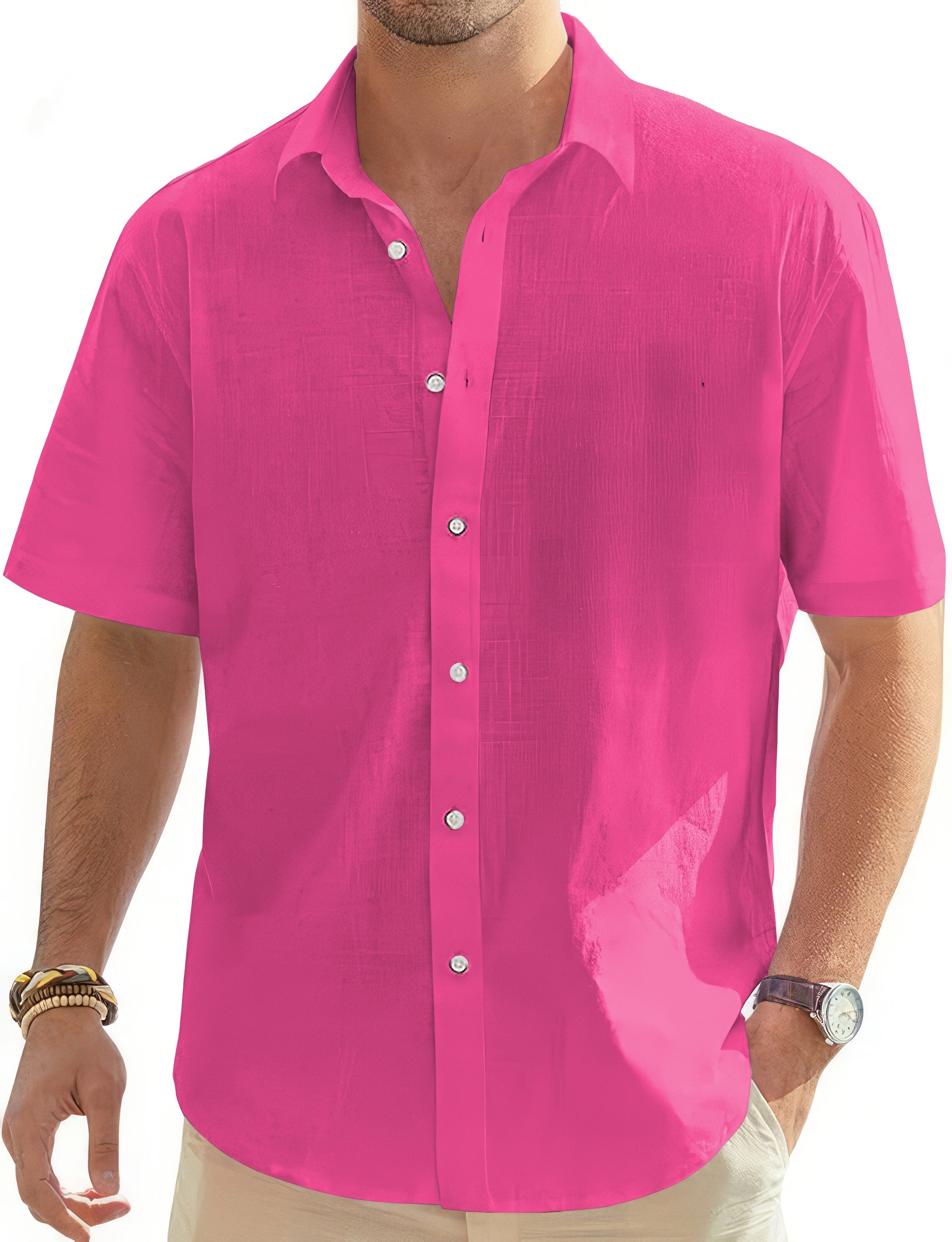 pure fuchsia men's short sleeve button-down golf Hawaiian shirt with classic collar and patch pocket