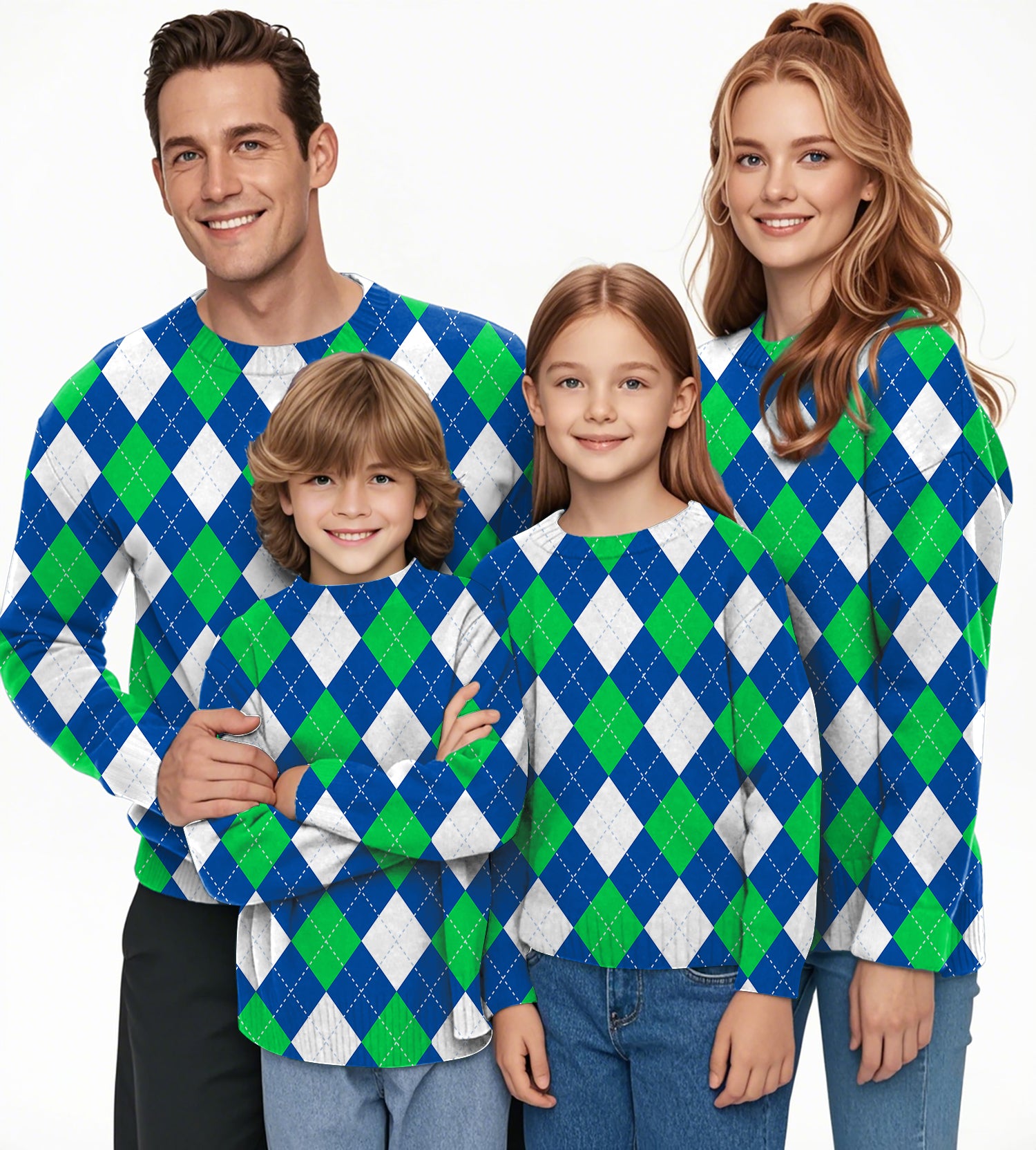 Argyle green blue Crewneck Pullover Ugly Sweater Men Women boy girl family