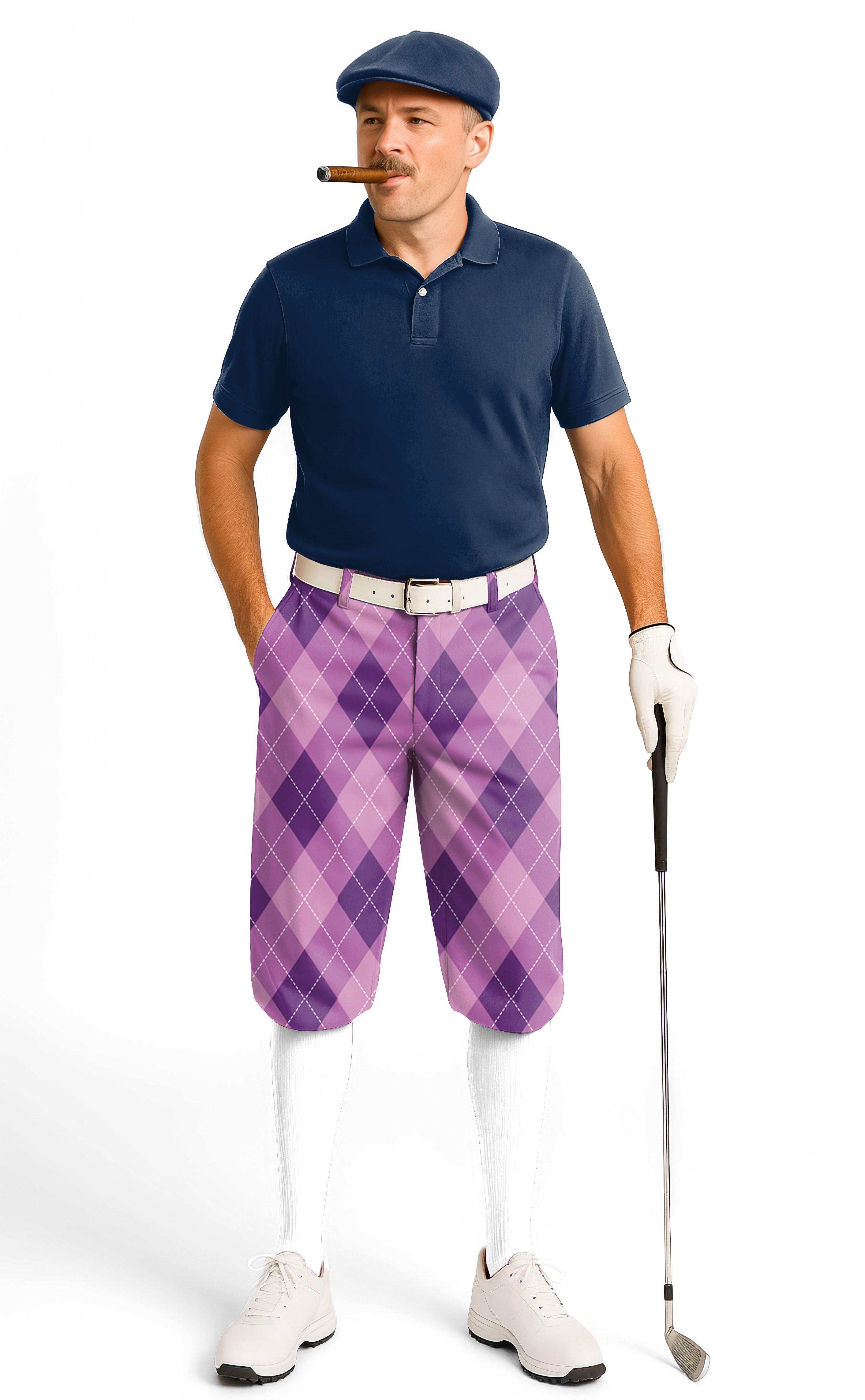 Man wearing purple Argyle men's golf knickers with a navy polo and golf glove holding a club