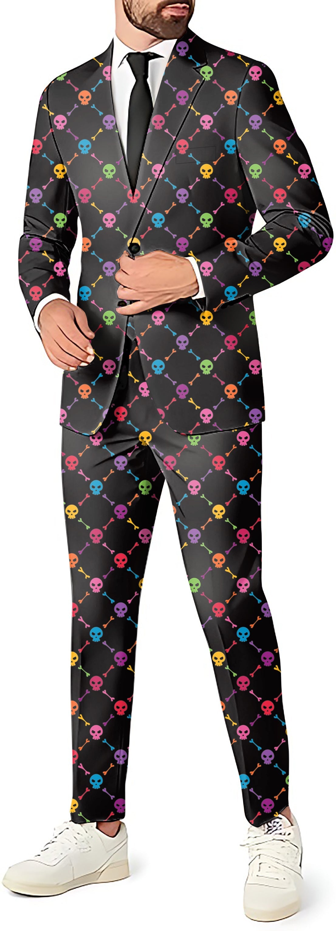 Halloween Colors Skull themed men's suit with blazer, pants, and vest for party costume