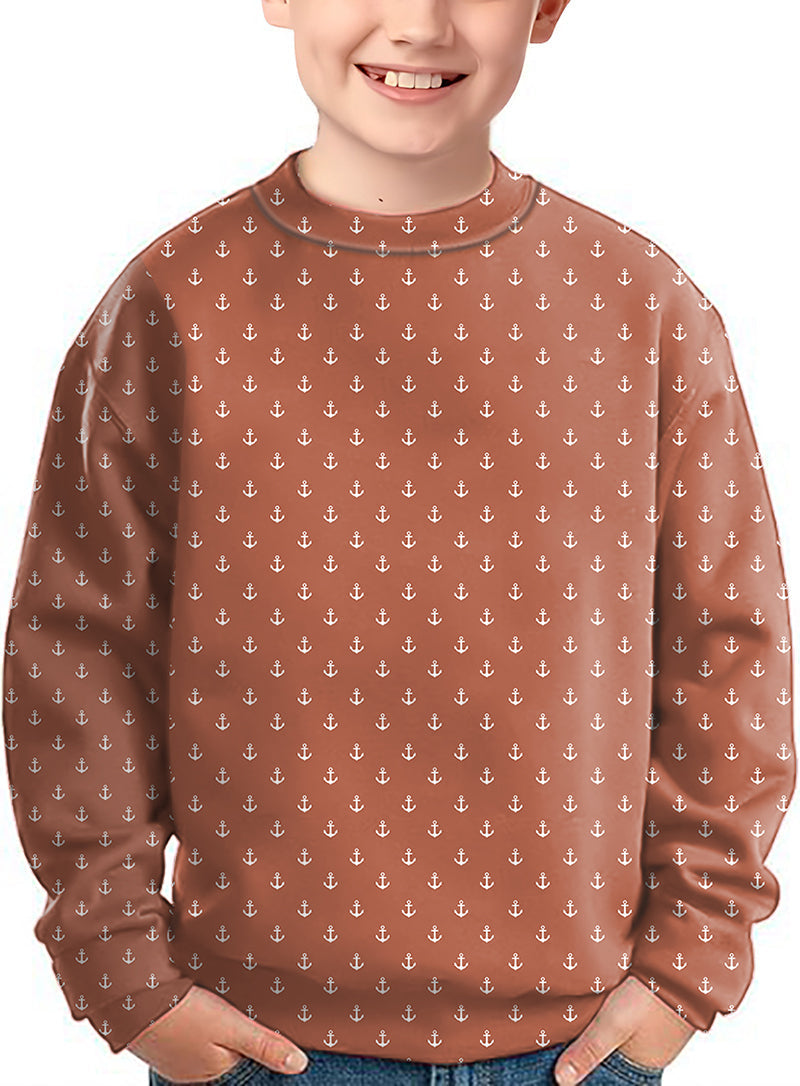 Kids dark orange anchor crewneck pullover with anchor pattern and long sleeves