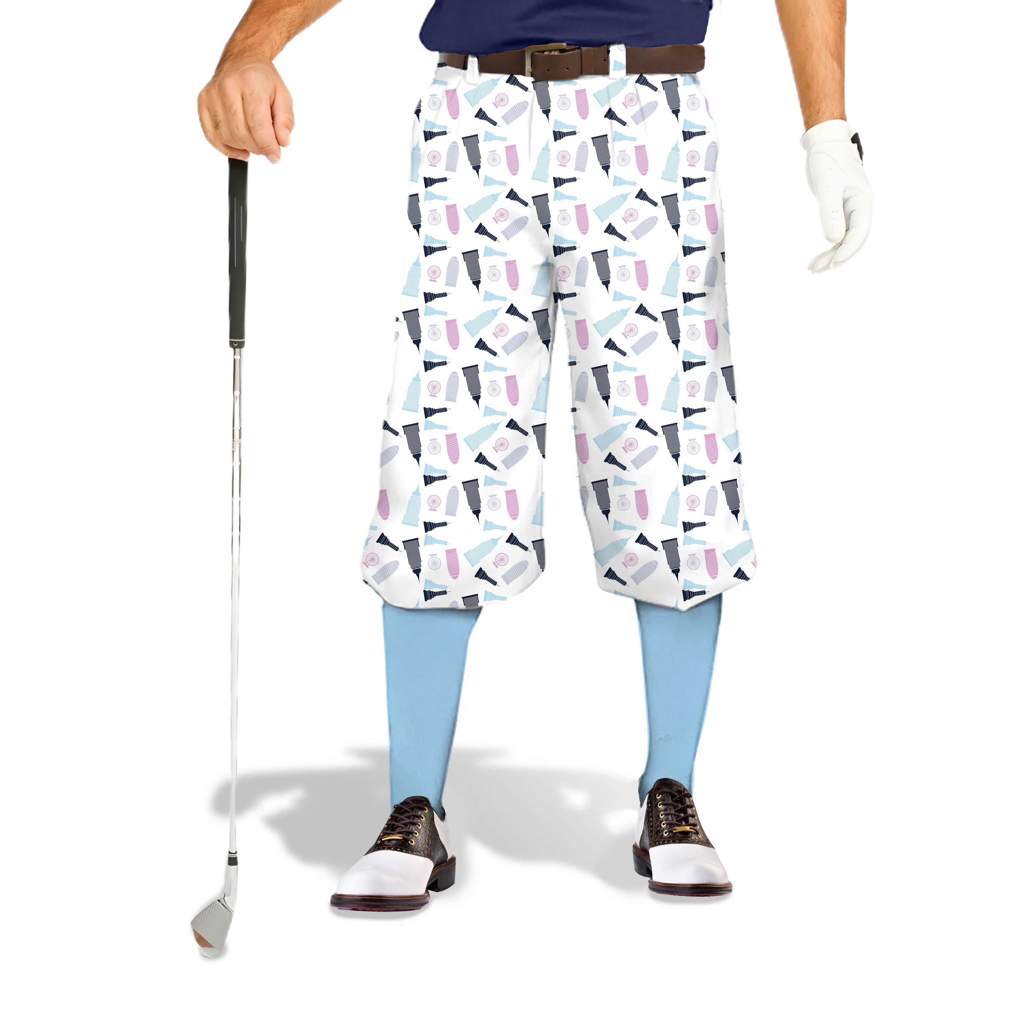 Limited edition men's golf knickers pants with Empire State Building print, snug ankle cuffs, and lightweight breathable fabric