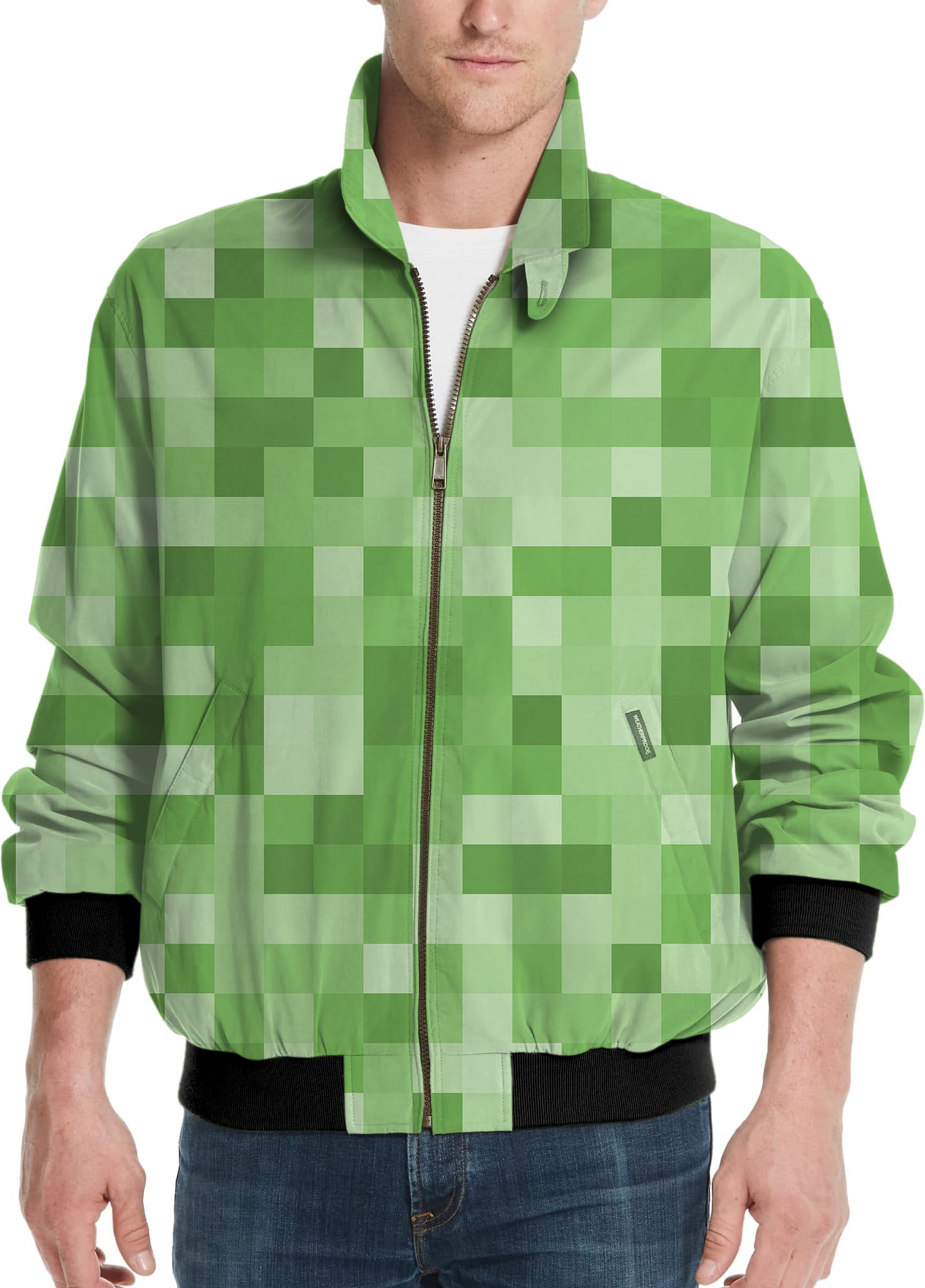Light Green Pixel Big Men's Golf Windbreaker jacket with zipper and black cuffs on model