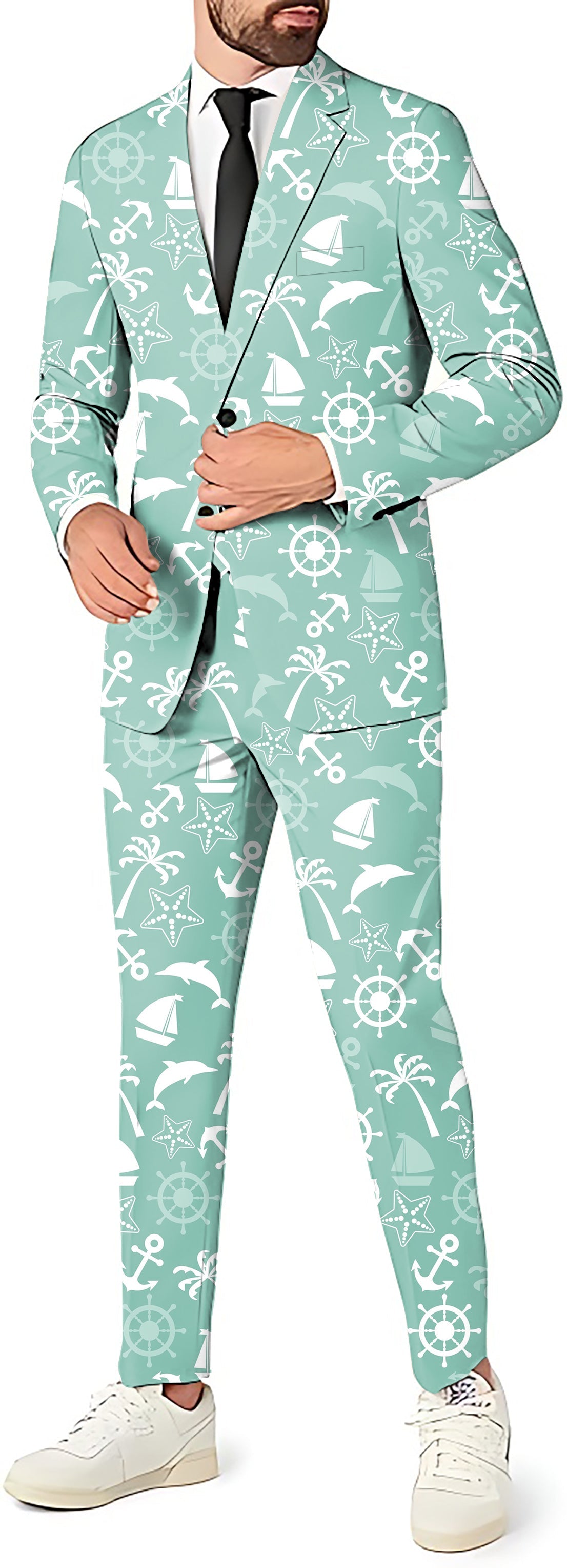 Men's anchor-themed party suit set with blazer, pants, and vest in light blue nautical print
