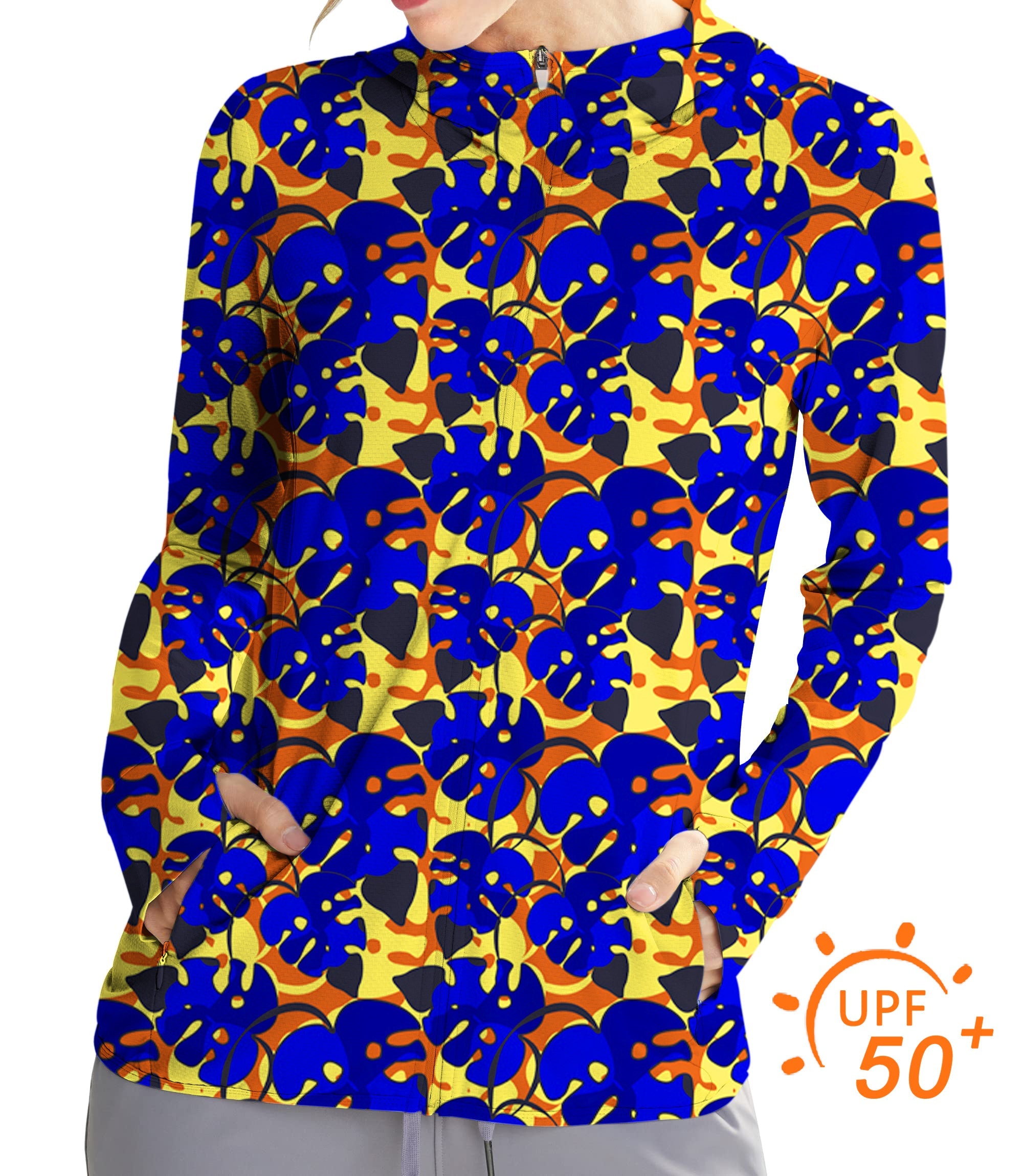 Women's outdoor golf sun protection slim fit zip hoodie with tropical leaves pattern and UPF 50+ UV protection