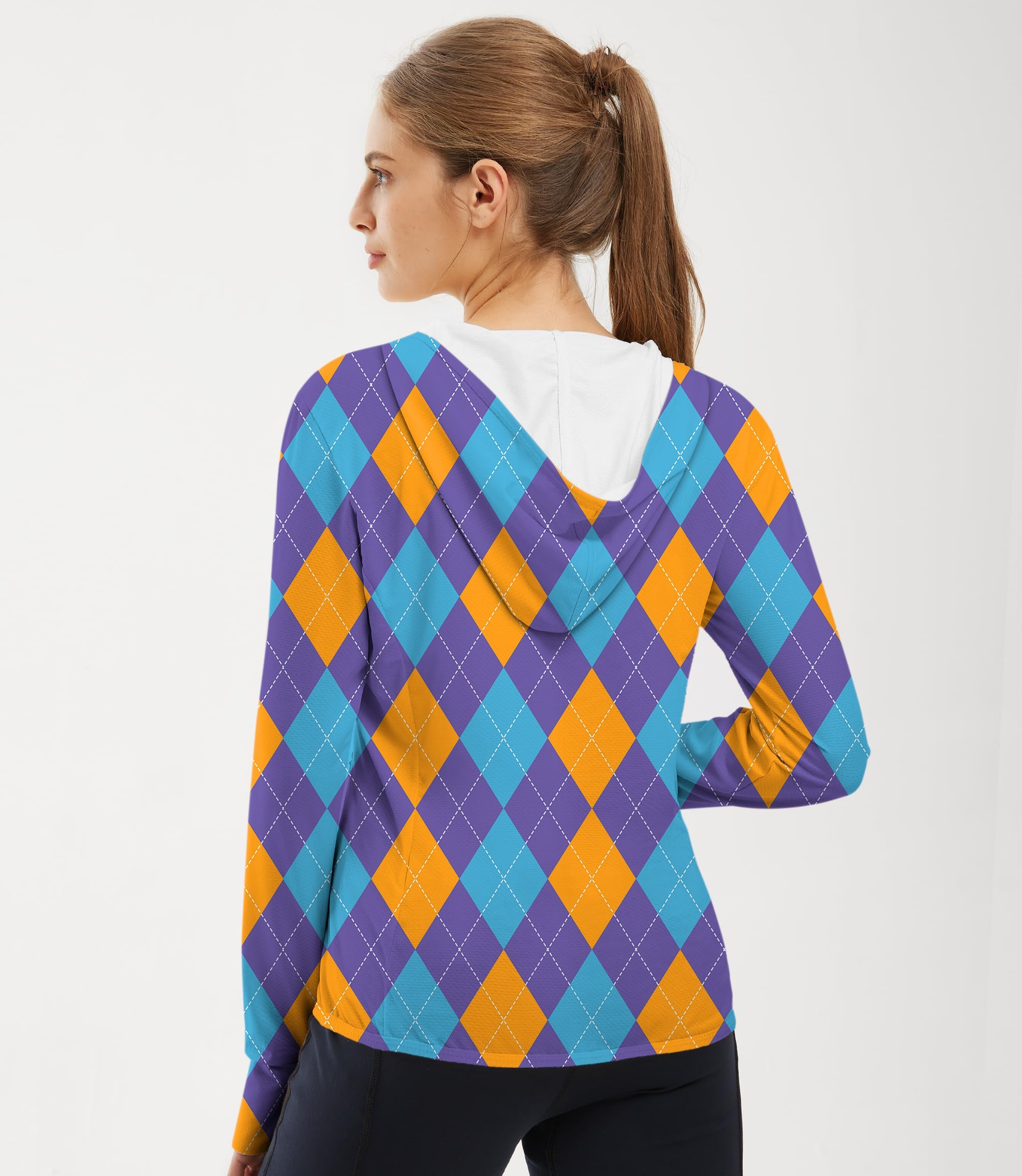 Women's outdoor slim fit zip hoodie with purple, orange, and blue argyle pattern, UV protection, breathable quick-dry fabric, and thumb holes for sun protection.
