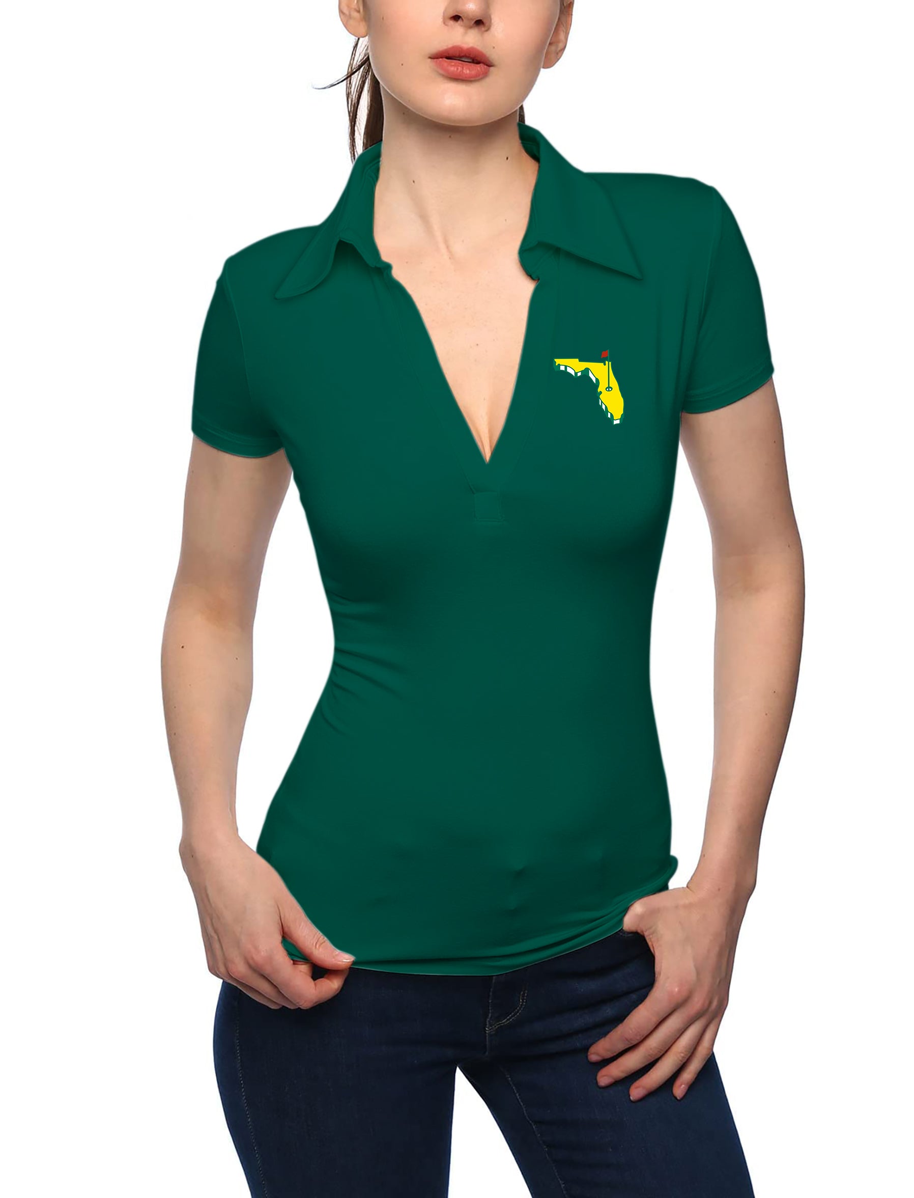 Women's Customized Embroidery Masters state National Map Golf Party All Bodies V Neck Golf Polo pure