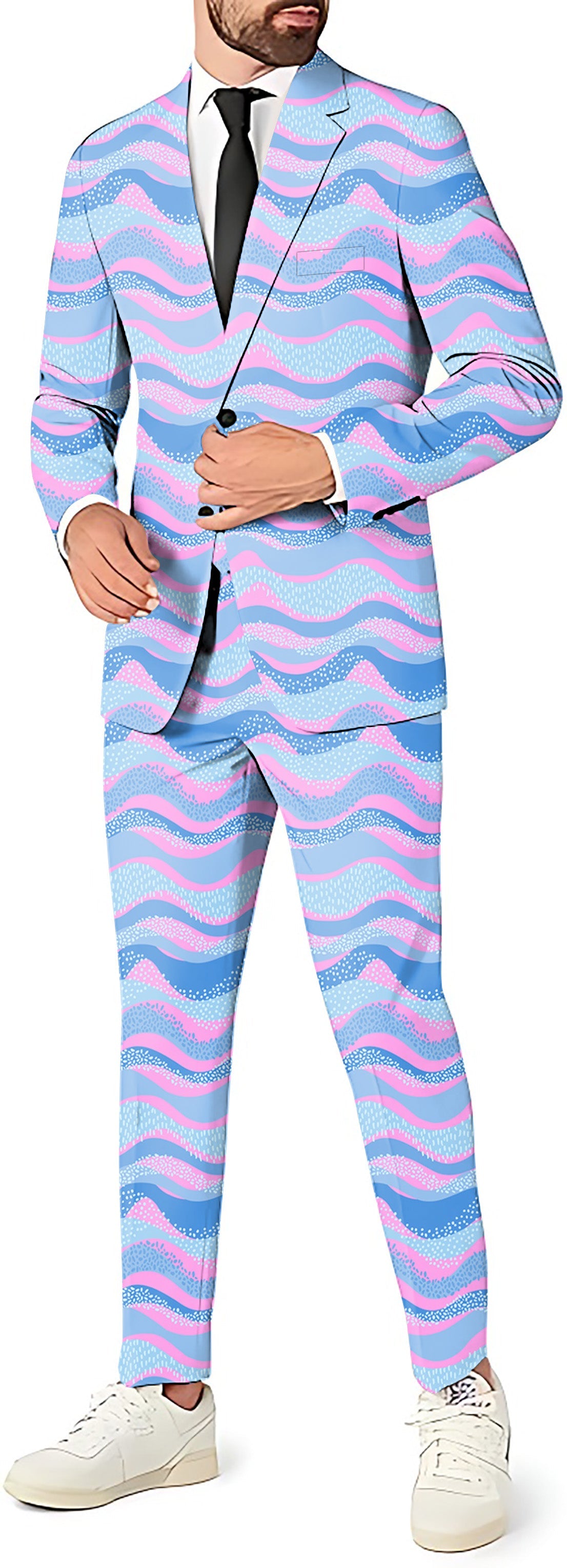 Space Aurora men's slim fit blazer, pants, and vest party costume in pink and blue wave pattern