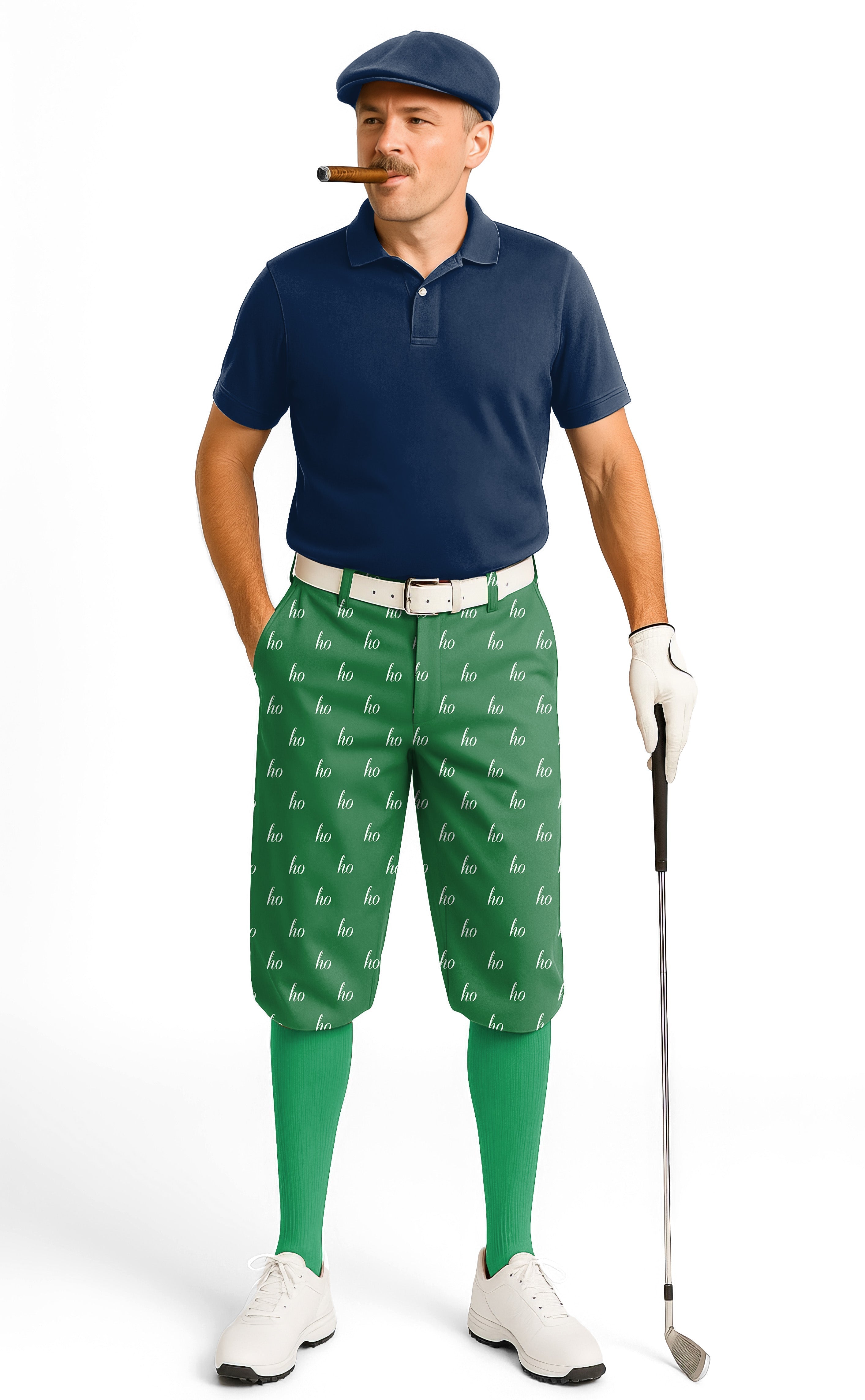 Man wearing green custom name Christmas men's golf knickers pants with navy polo and cap playing golf