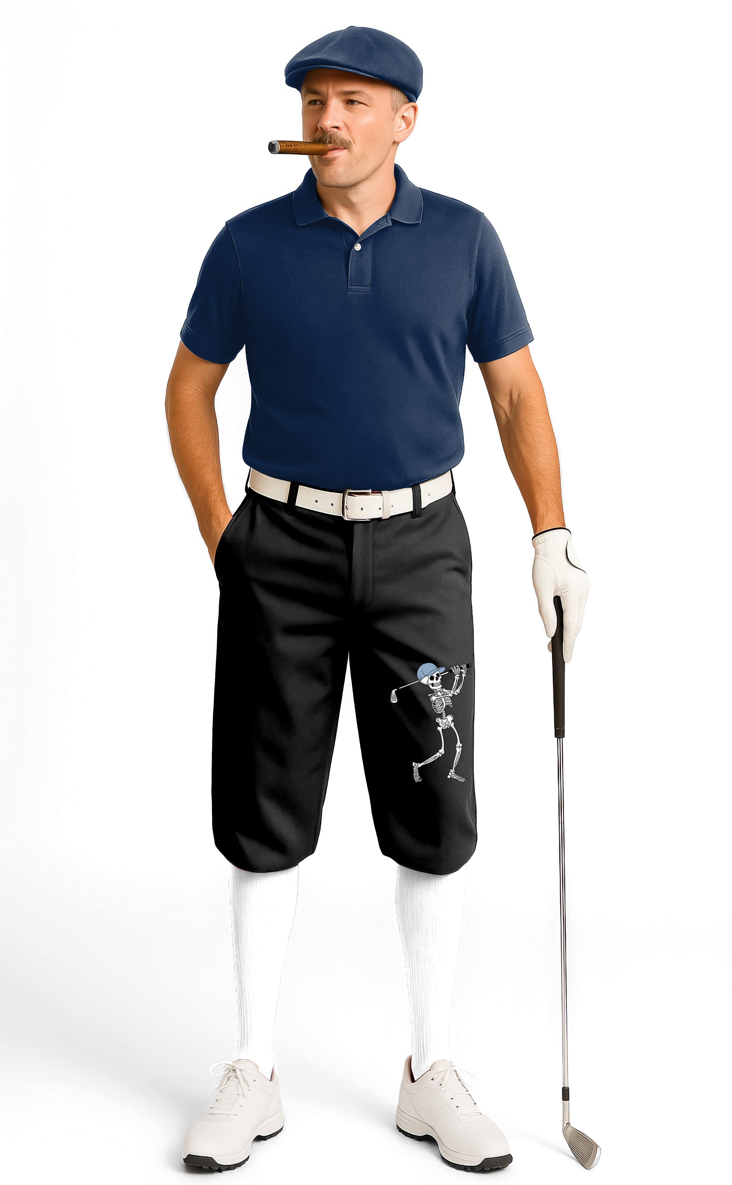 Men's black golf knickers with blue green black Halloween skeleton design, ultra-soft, wrinkle-resistant, adjustable waistband.