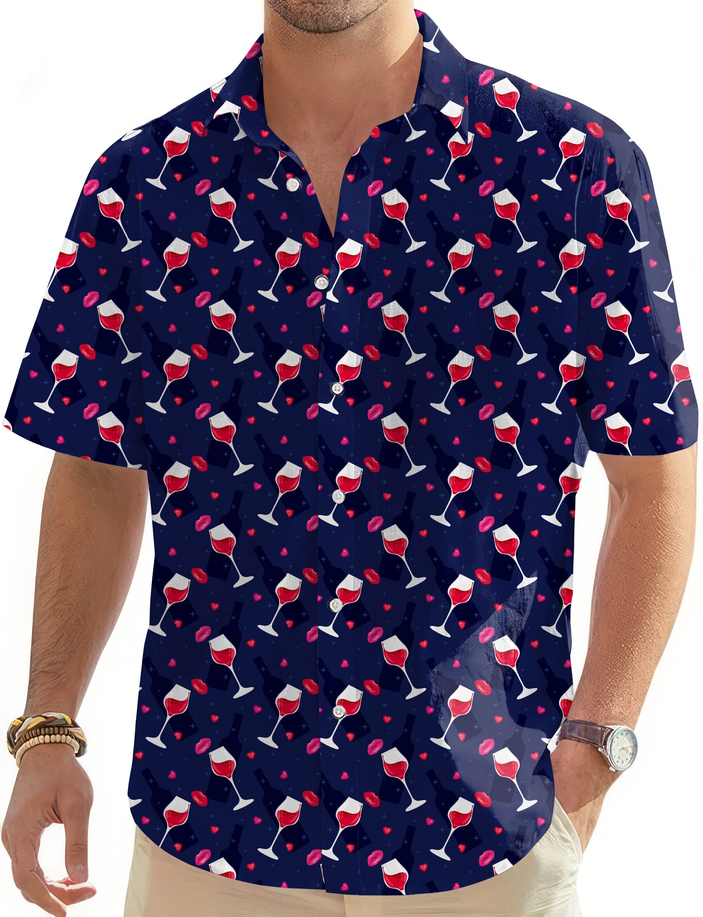 men's red wine print Hawaiian golf button-down shirt with short sleeves and collar