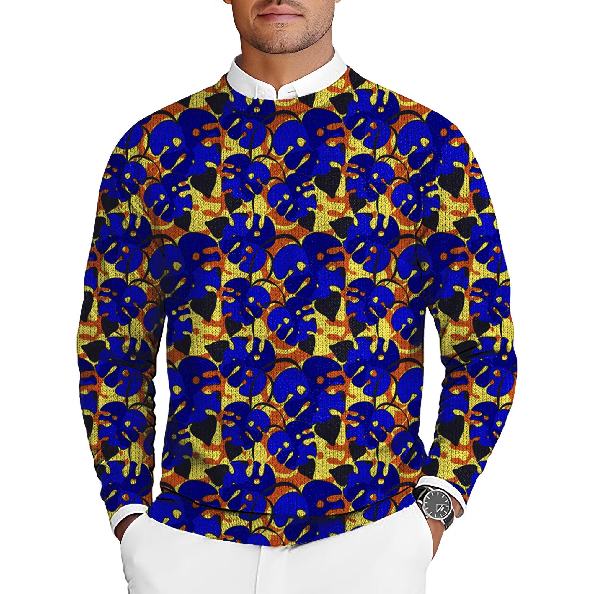 Men's golf pullover sweater with bold tropical leaves pattern in blue and yellow
