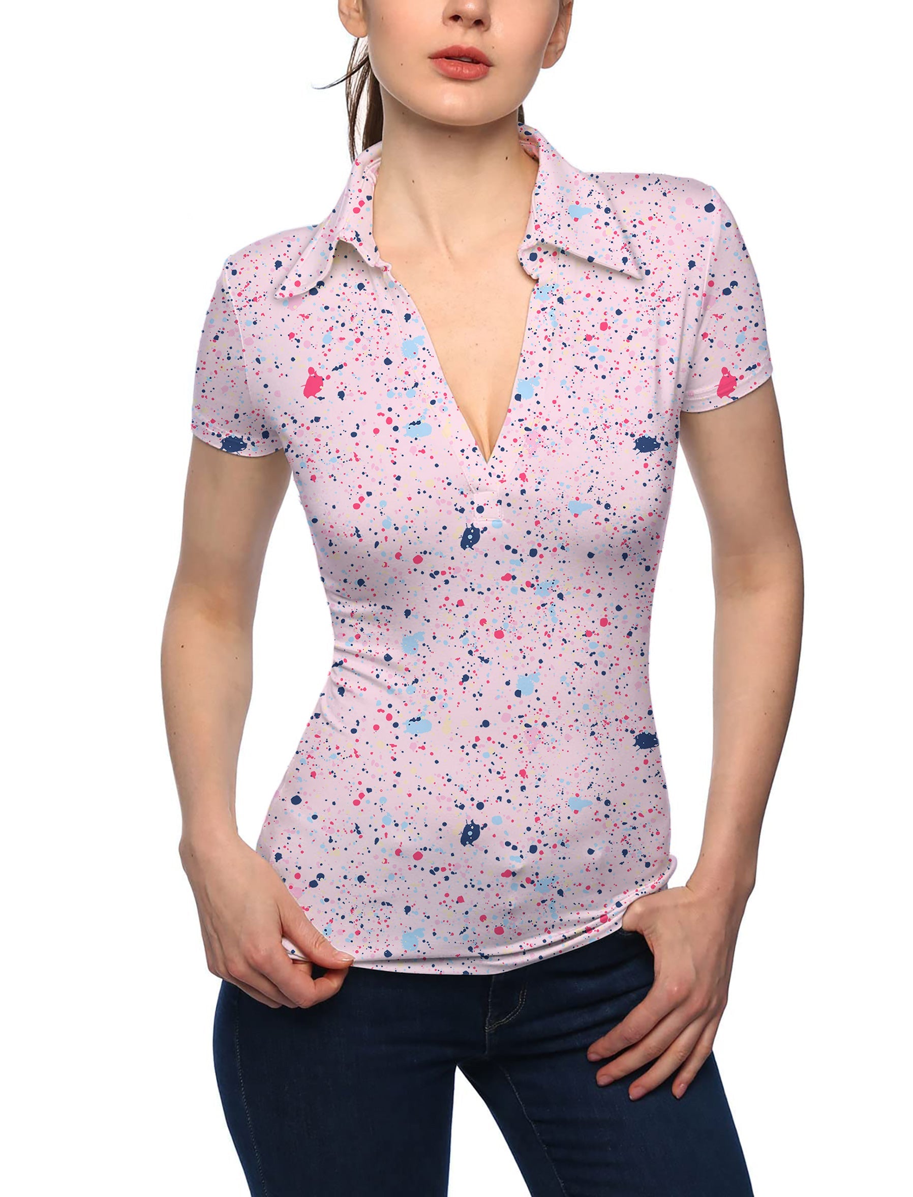 Women's black and pink ink dots v-neck golf polo shirt with stand collar and short sleeves
