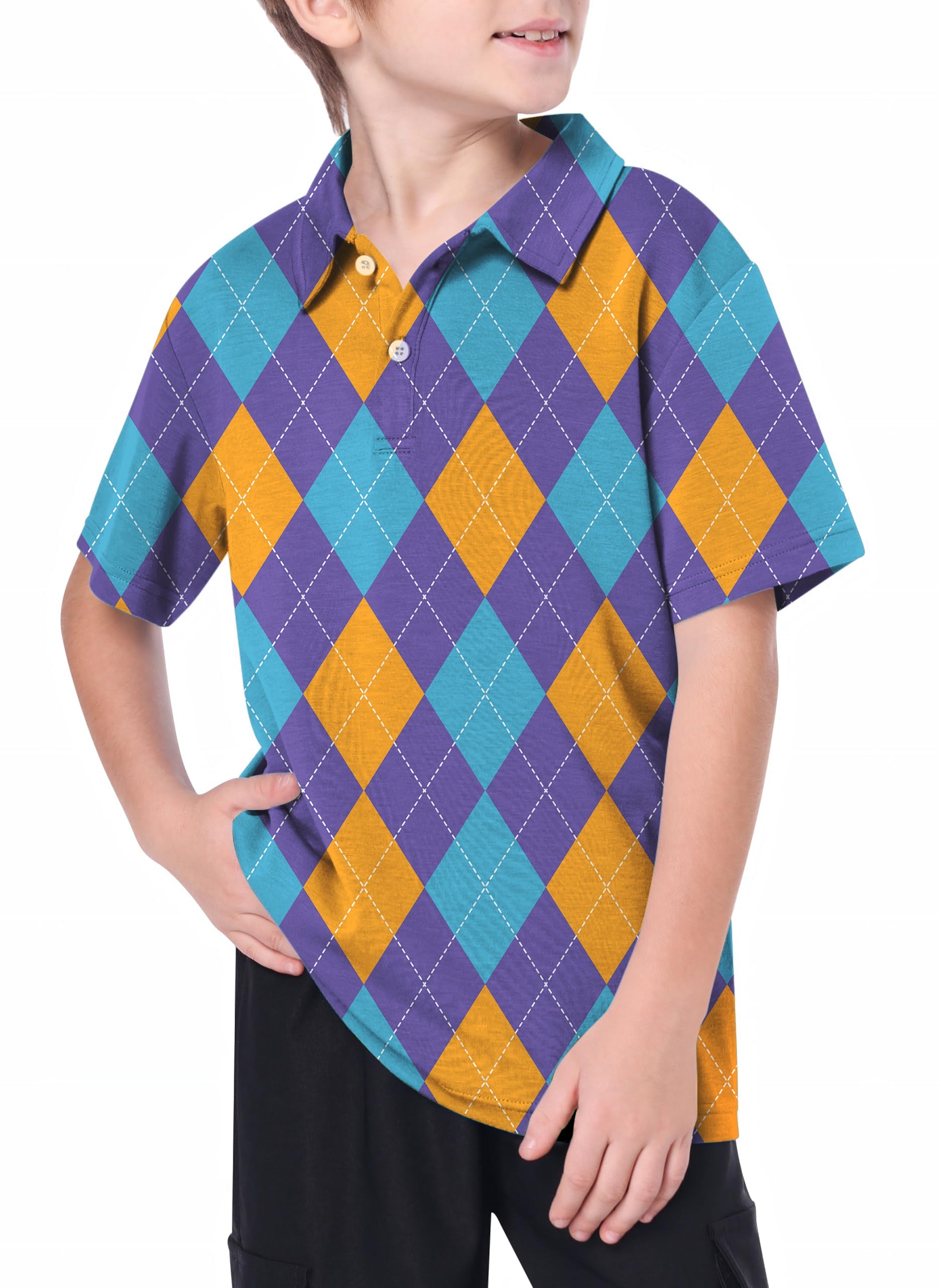Youth purple orange blue argyle golf polo shirt with 4-way stretch and moisture wicking features
