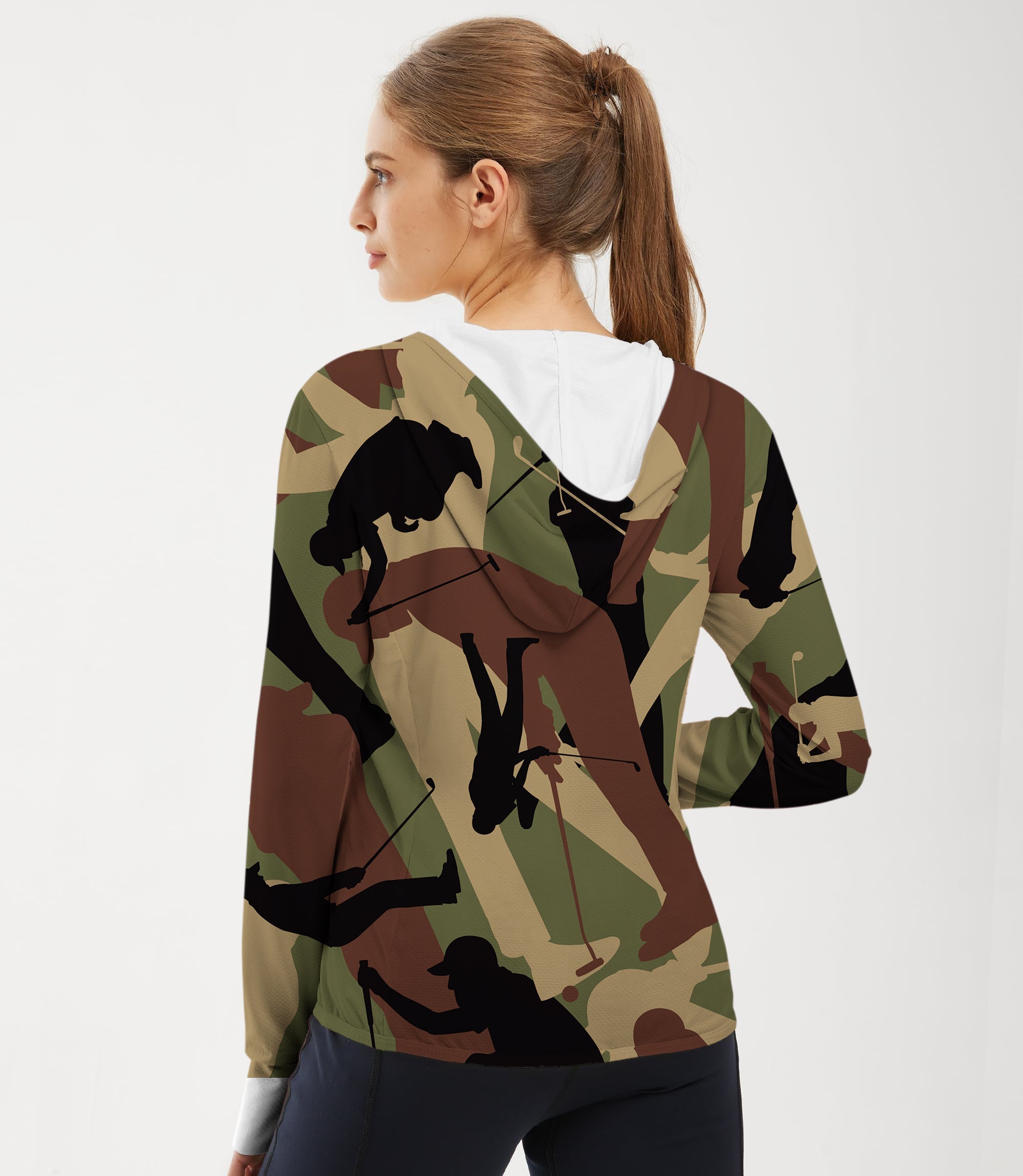 Women's outdoor army green camouflage slim fit golf hoodie with sun protection and thumb holes