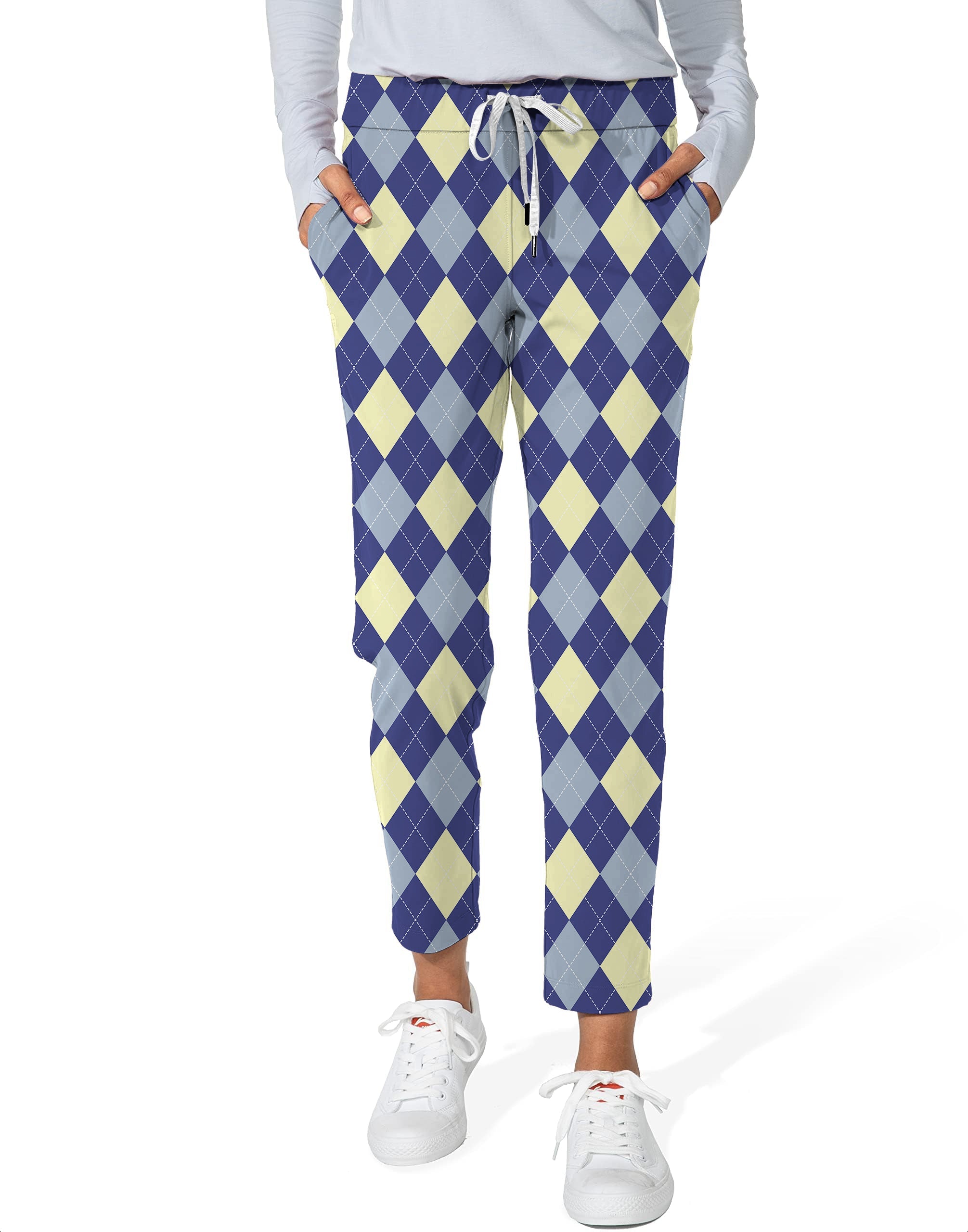 women's blue Argyle 7/8 stretch ankle golf pants with drawstring waist