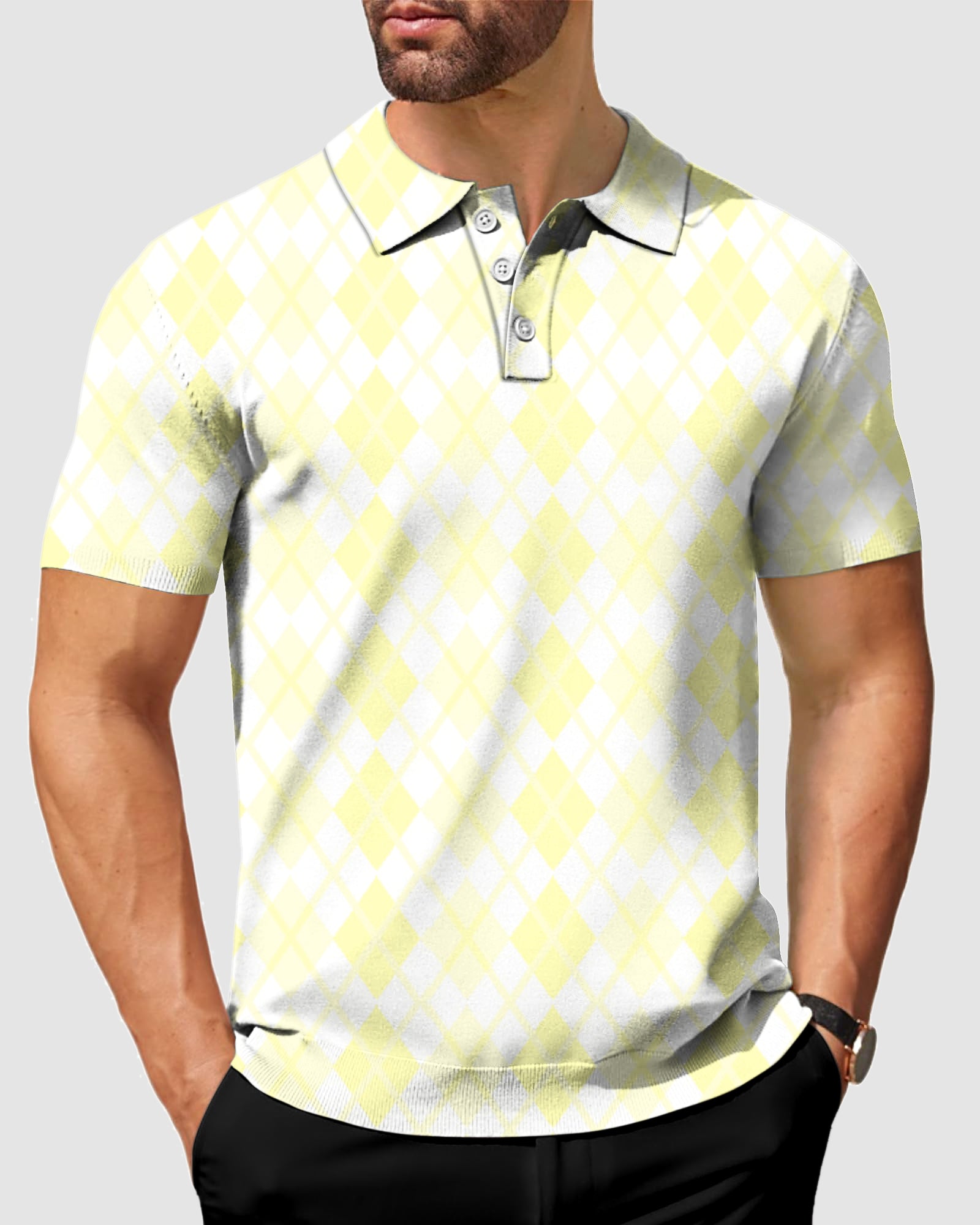 Argyle Men's yellow grid golf polo
