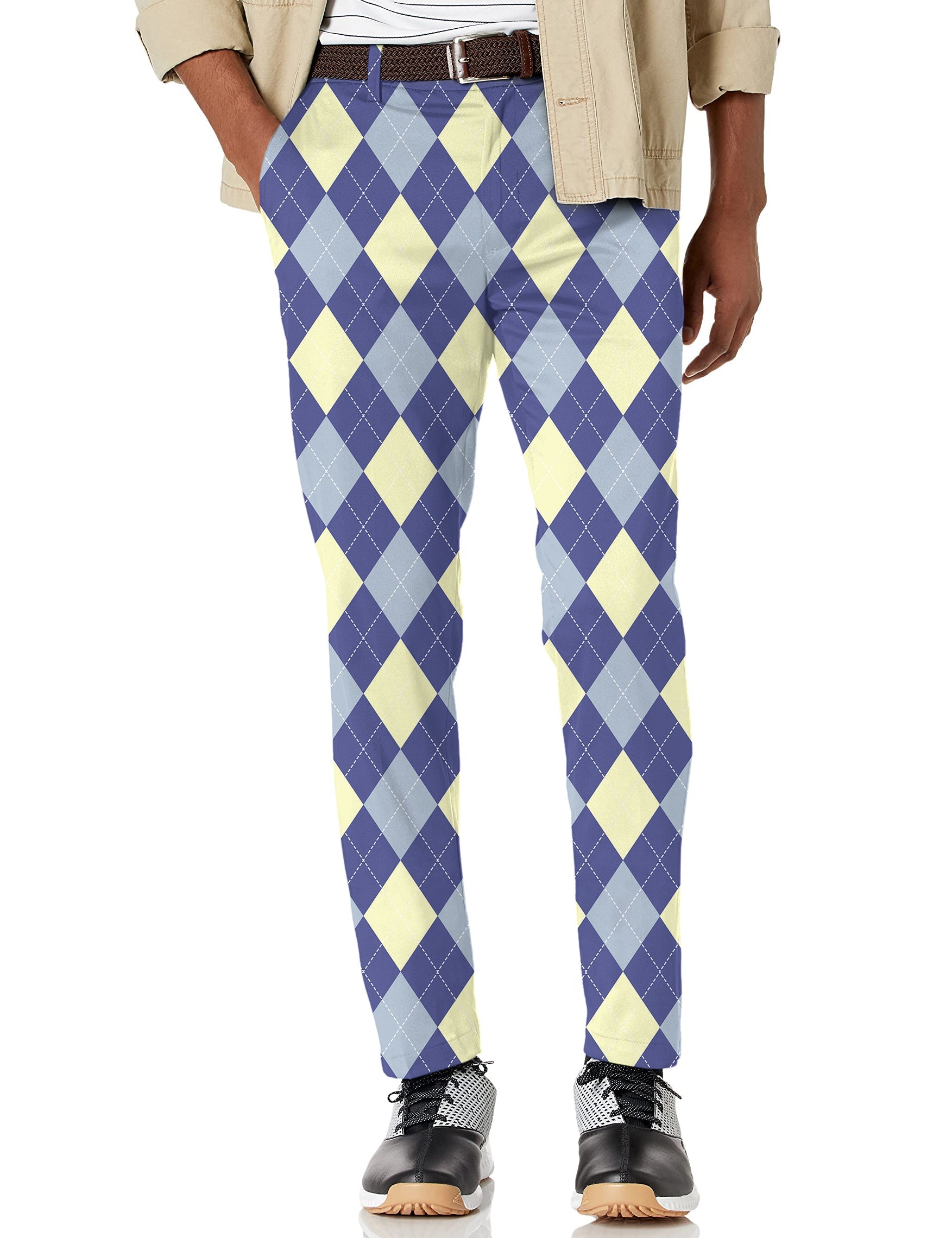 Men's blue argyle stretch golf pants with moisture-wicking fabric and active waistband