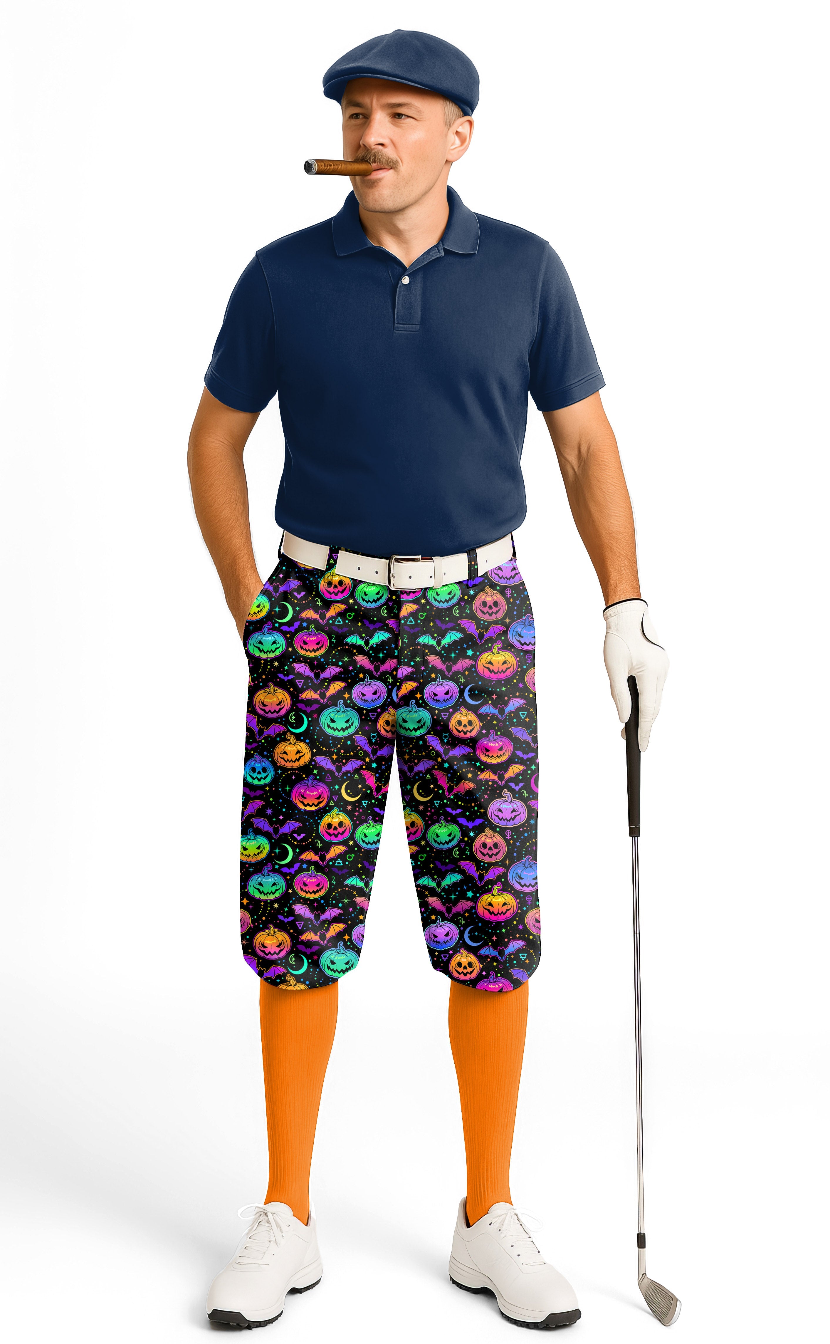 Men's golf knickers with neon Halloween pumpkin pattern, stretchy and breathable fabric, snug ankle cuffs, and adjustable waist.