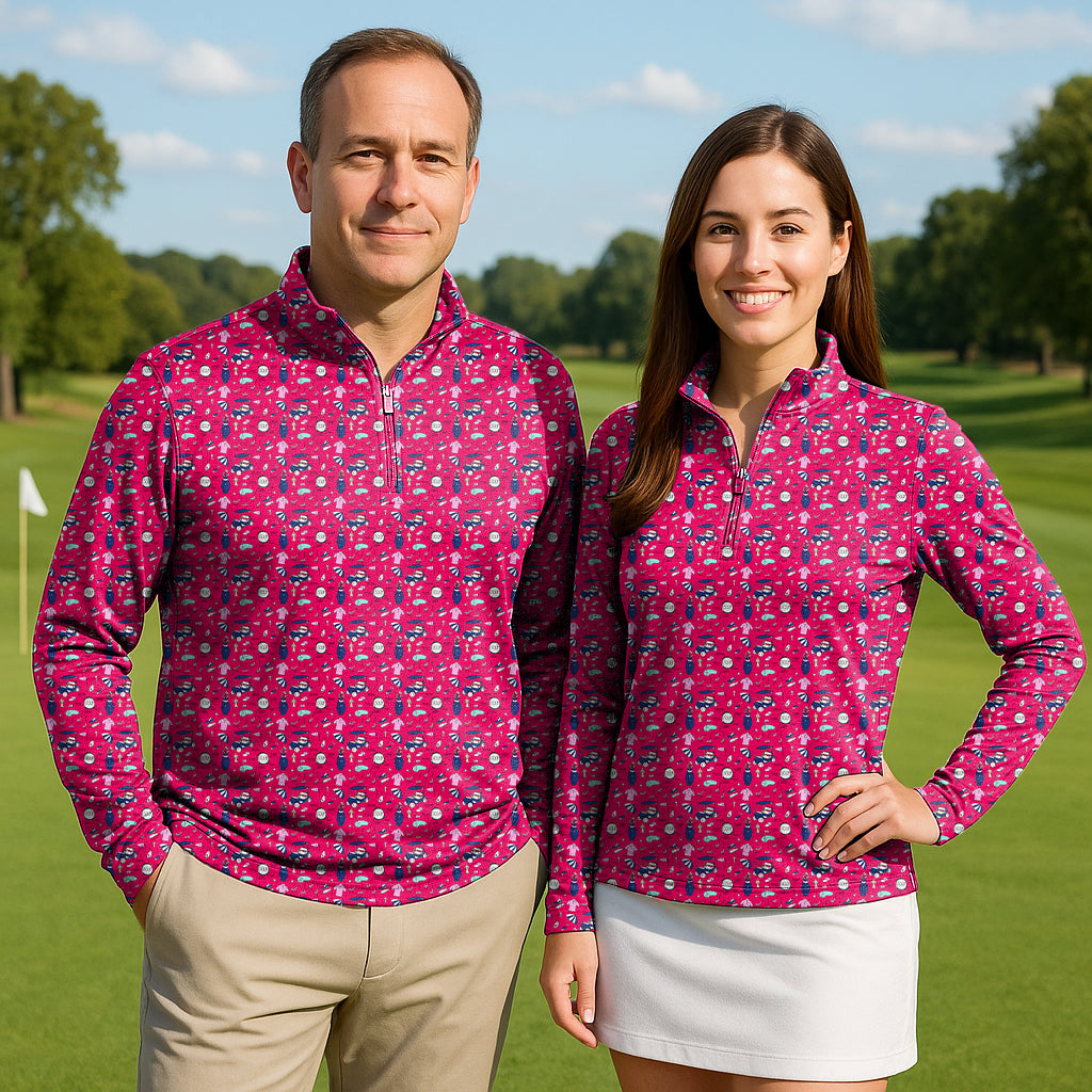 Cart Cruising Couple golf active 3/4 zip tops with mock collars in bright pink floral pattern, lightweight and sun-protective fabric, worn by male and female models on golf course.