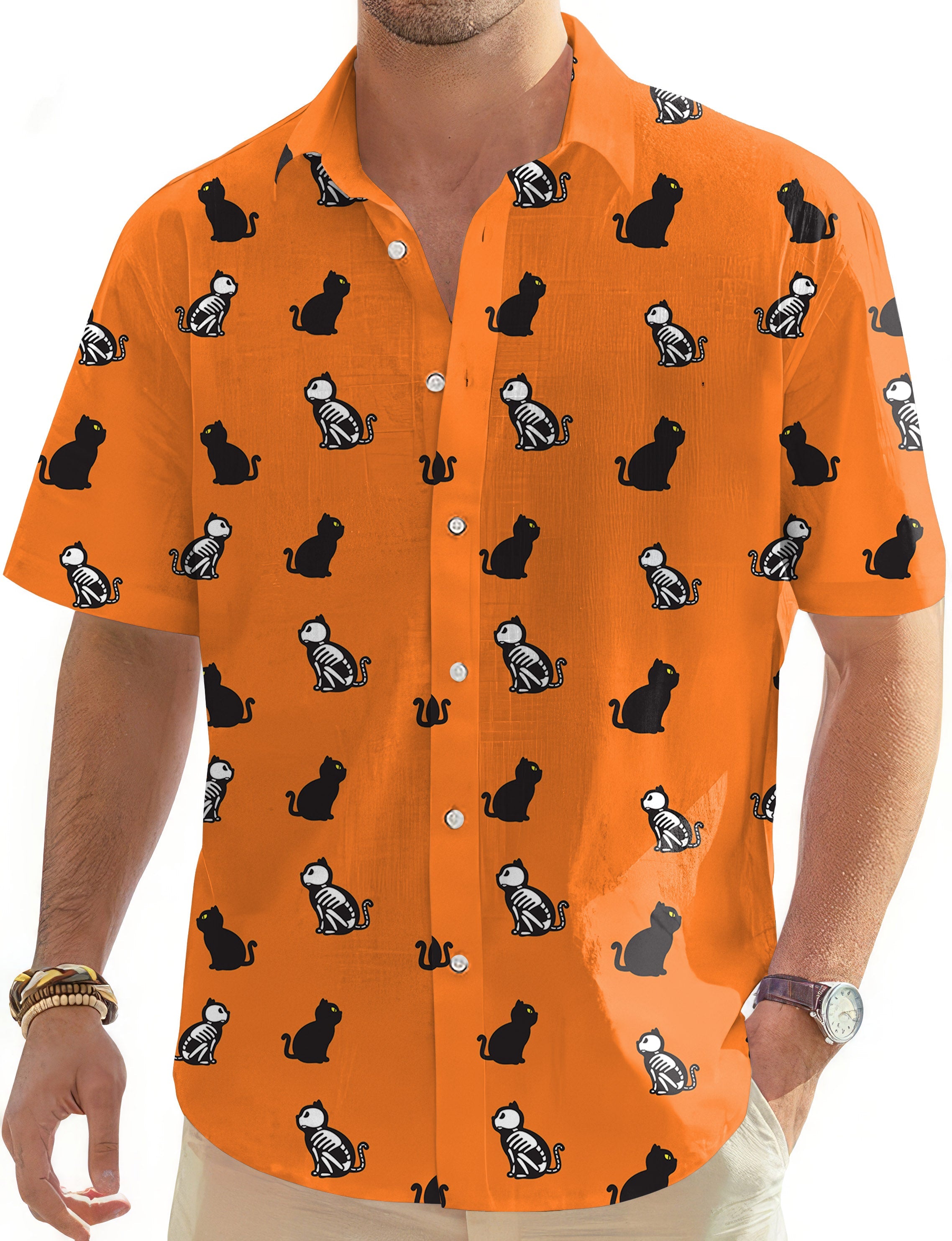 Men's Halloween Skull Cat Hawaiian button-down shirt with orange background and black skull cat pattern