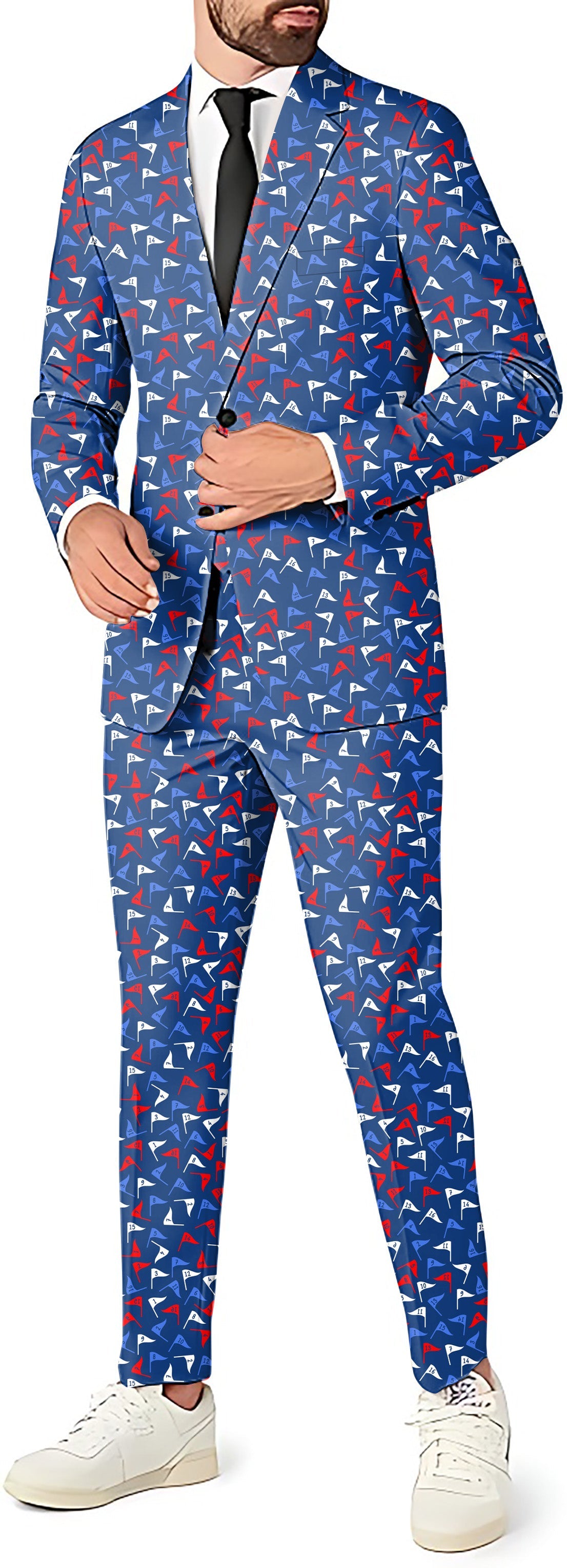 Flag Tap Men's party costume suit set with blazer, vest, and pants in blue with a flag pattern