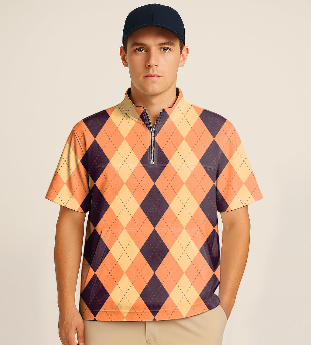 Half zipper turtleneck golf shirt with Halloween black, yellow, orange argyle embroidery