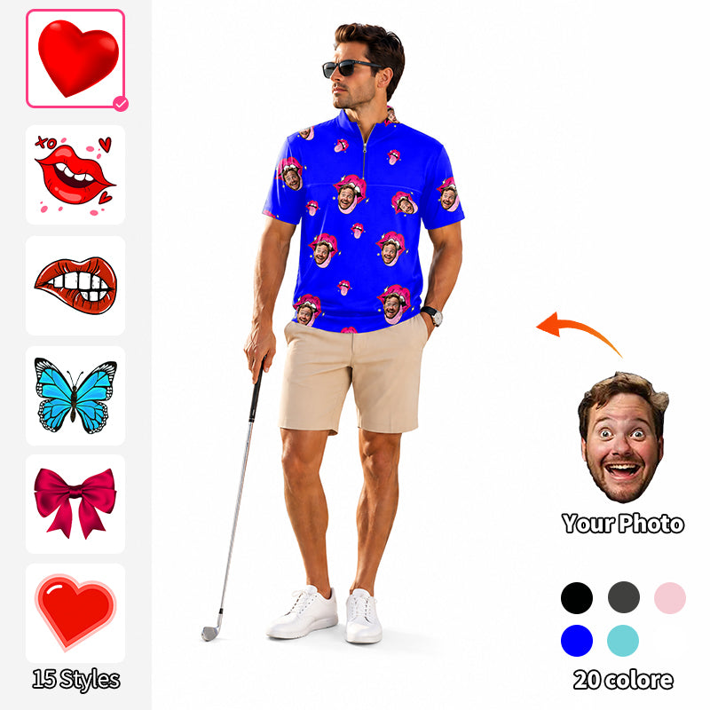 Valentine's Day Men's Short Sleeve Quarter Zip Golf Pullover Custom Photo Face Custom Color Royal Love Embroidery