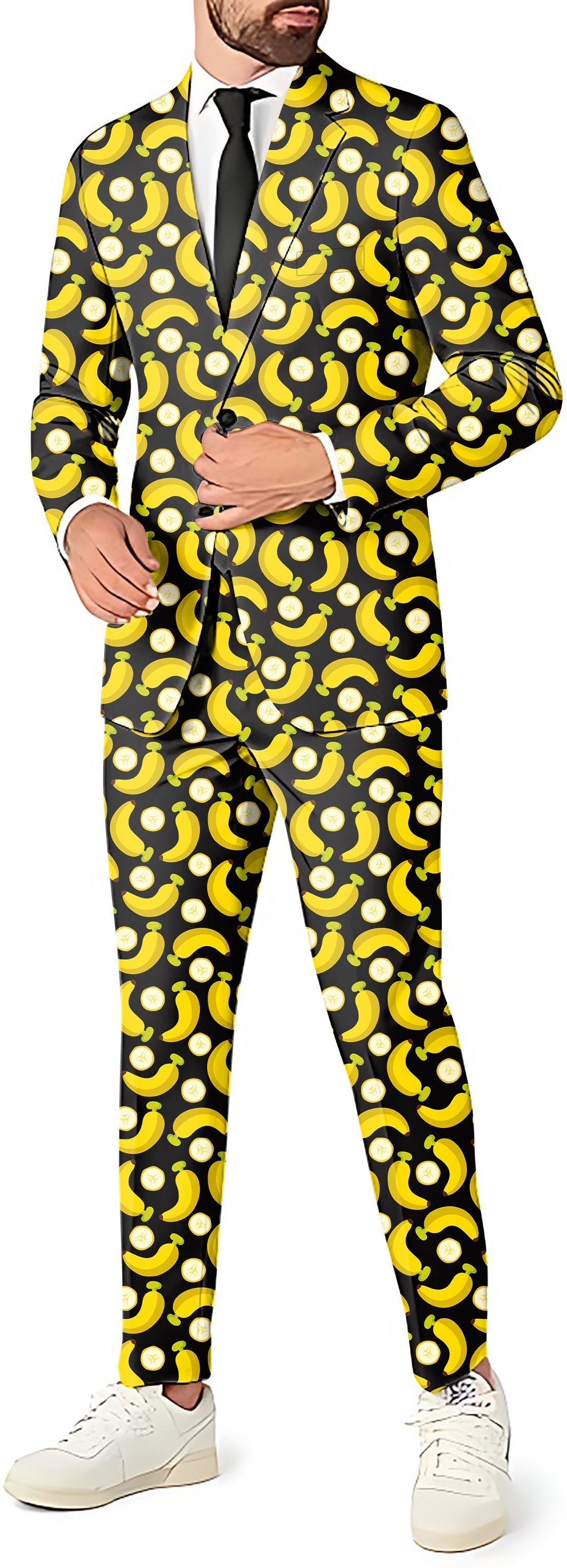 Men's Halloween Bananas suit with blazer, pants, and vest in black and yellow banana peel pattern