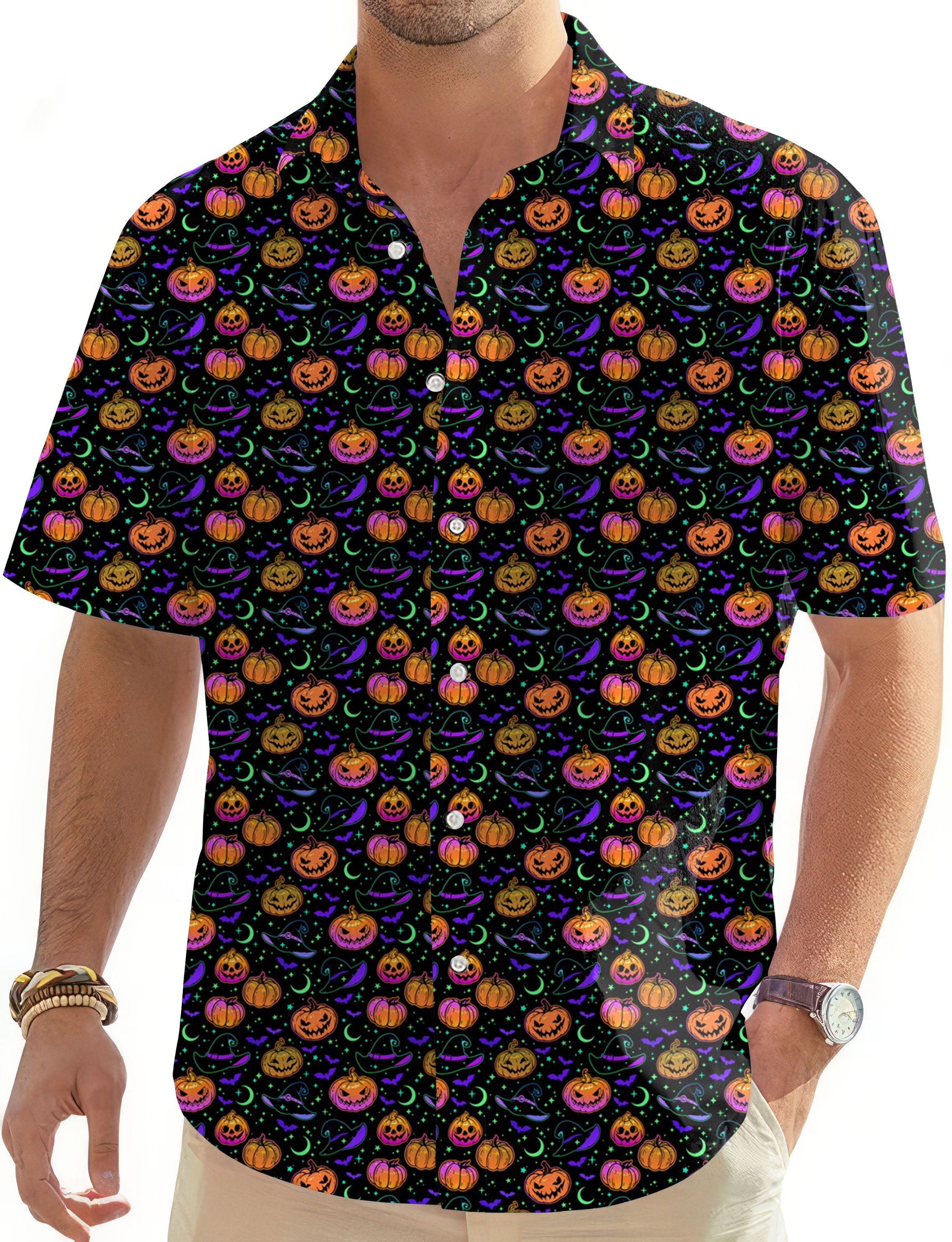 Men's neon magical pumpkin Hawaiian golf shirt with button-down design and short sleeves