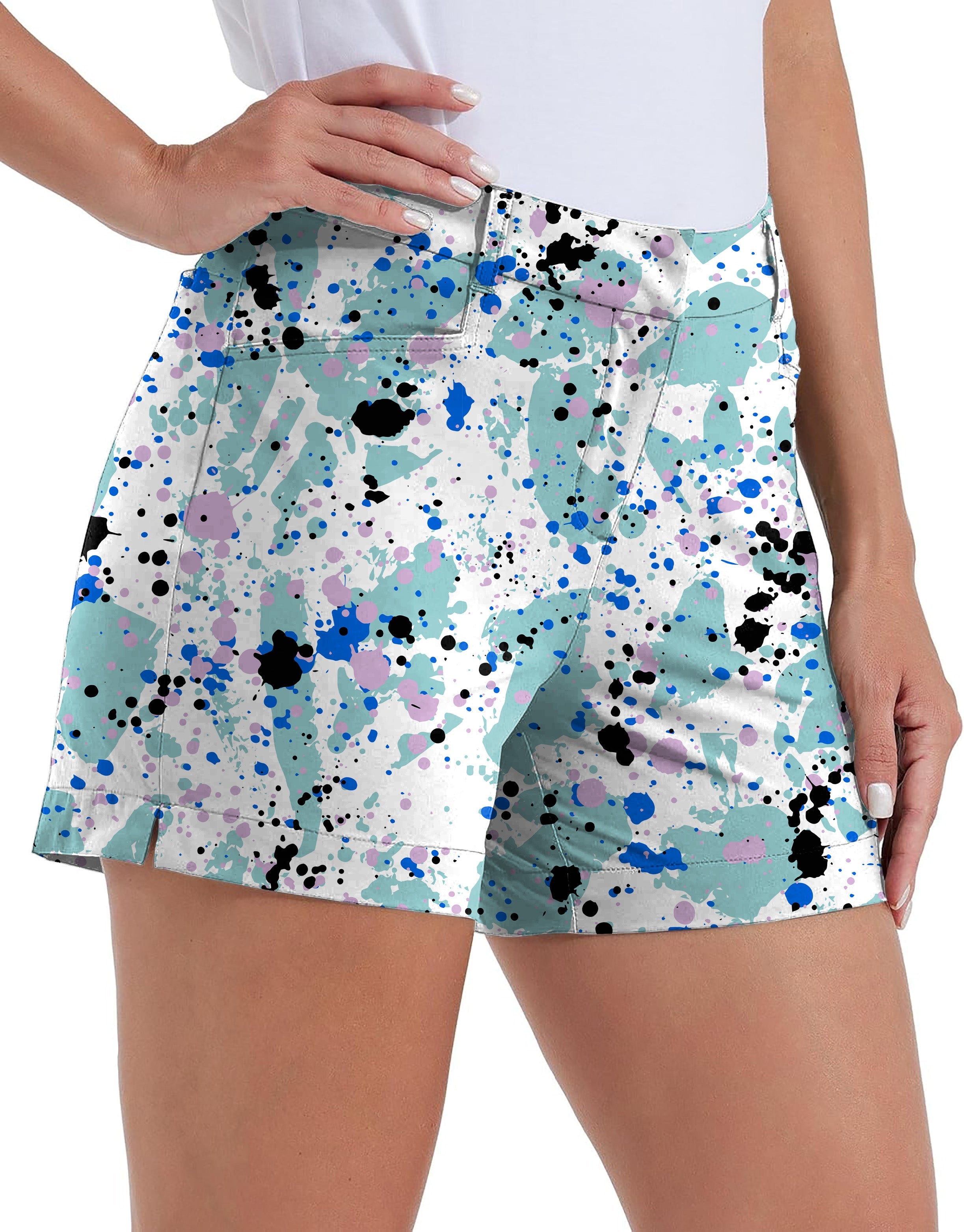 Women's quick-drying paint splatter polo golf shorts with pockets and waterproof fabric
