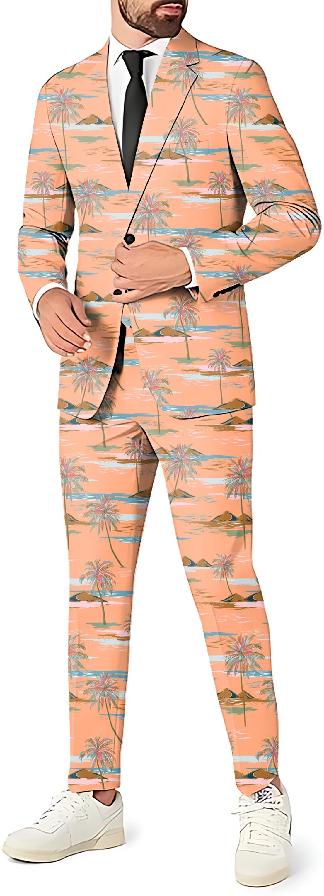 Sweet Palm tree men's party costume suit set with blazer, pants, and vest in tropical design