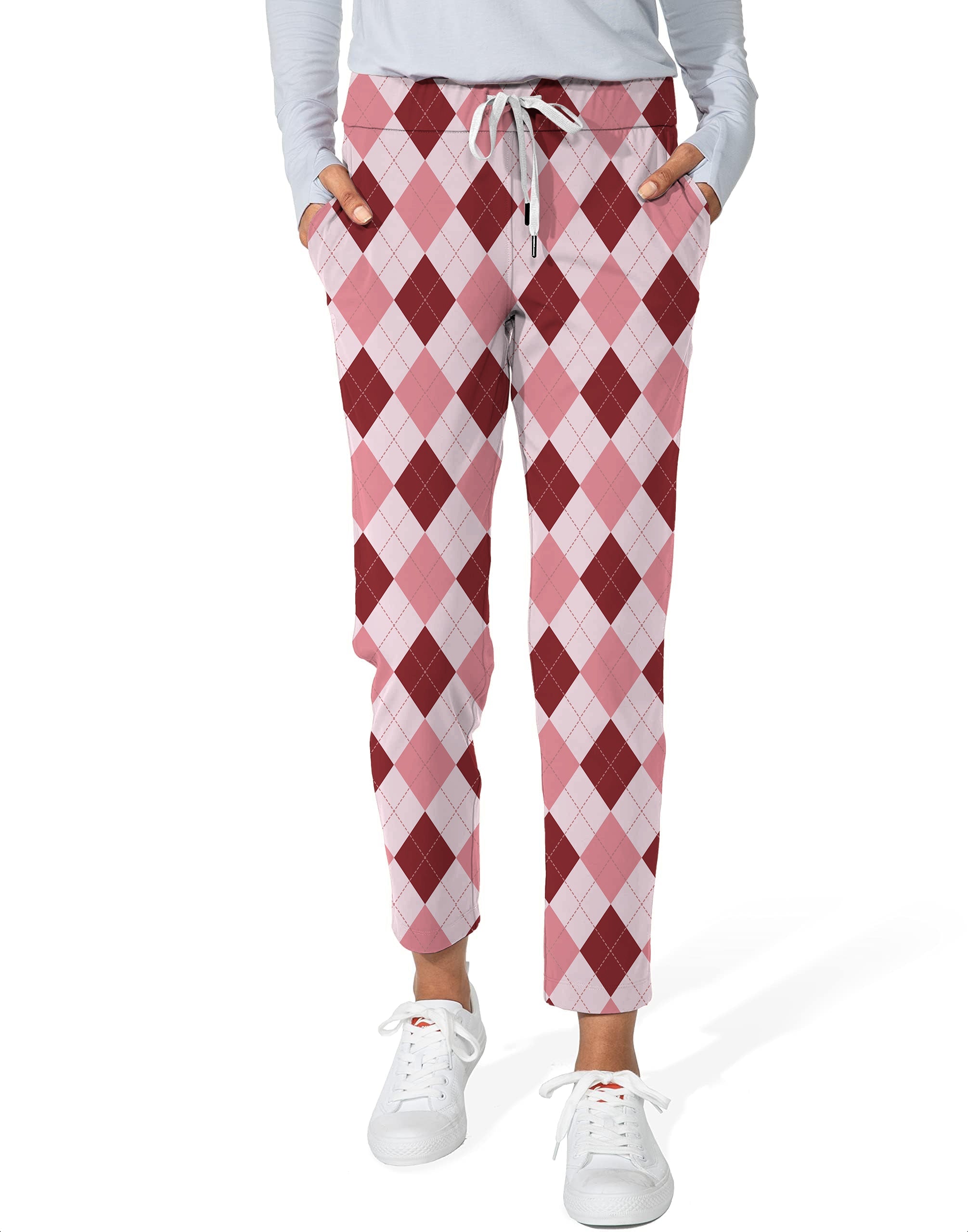Women's pink Argyle 7/8 stretch ankle golf pants with drawstring waist