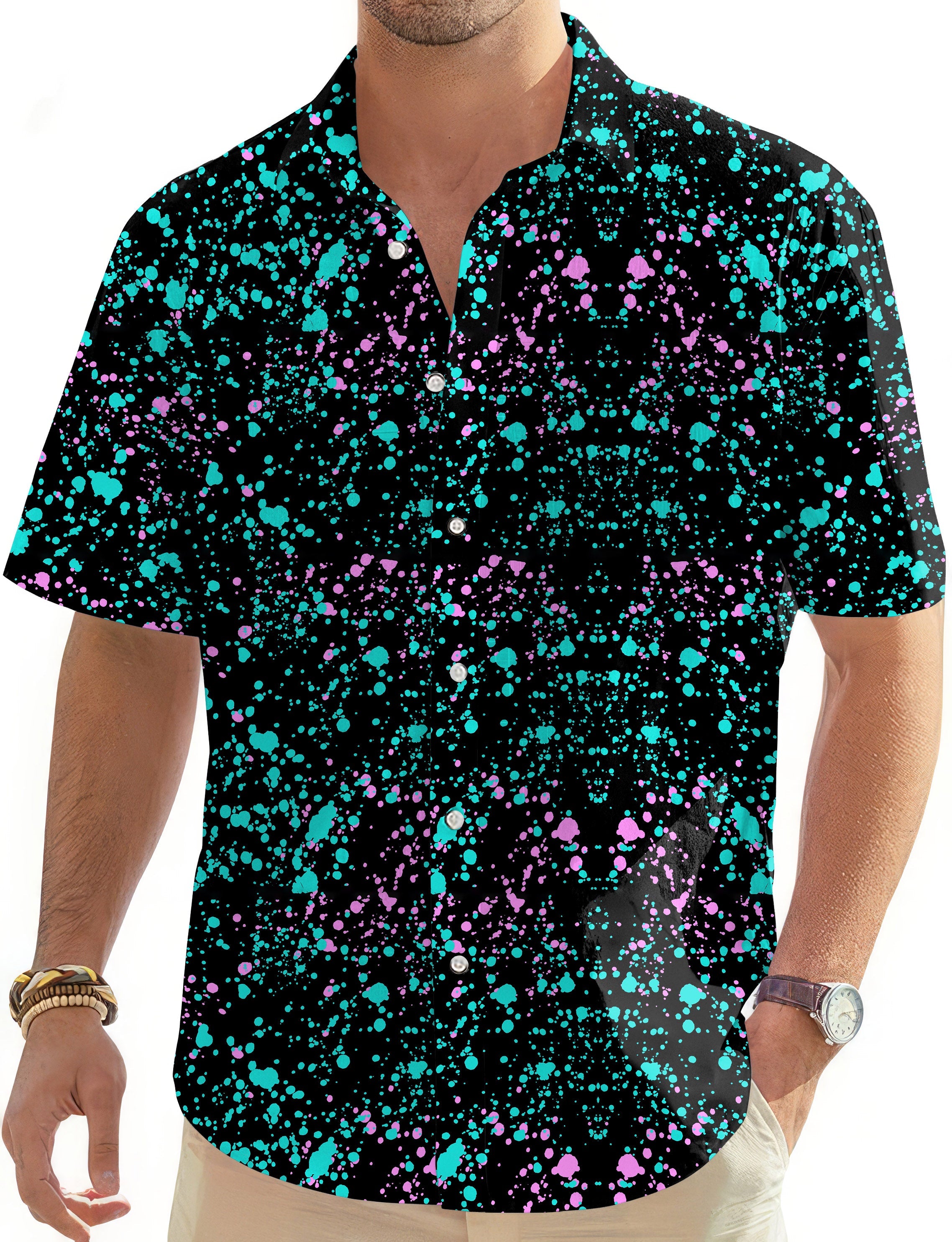 GALAXIES-Men's golf Hawaiian shirt with blue and purple galaxy print, short sleeves, button down, and classic collar design