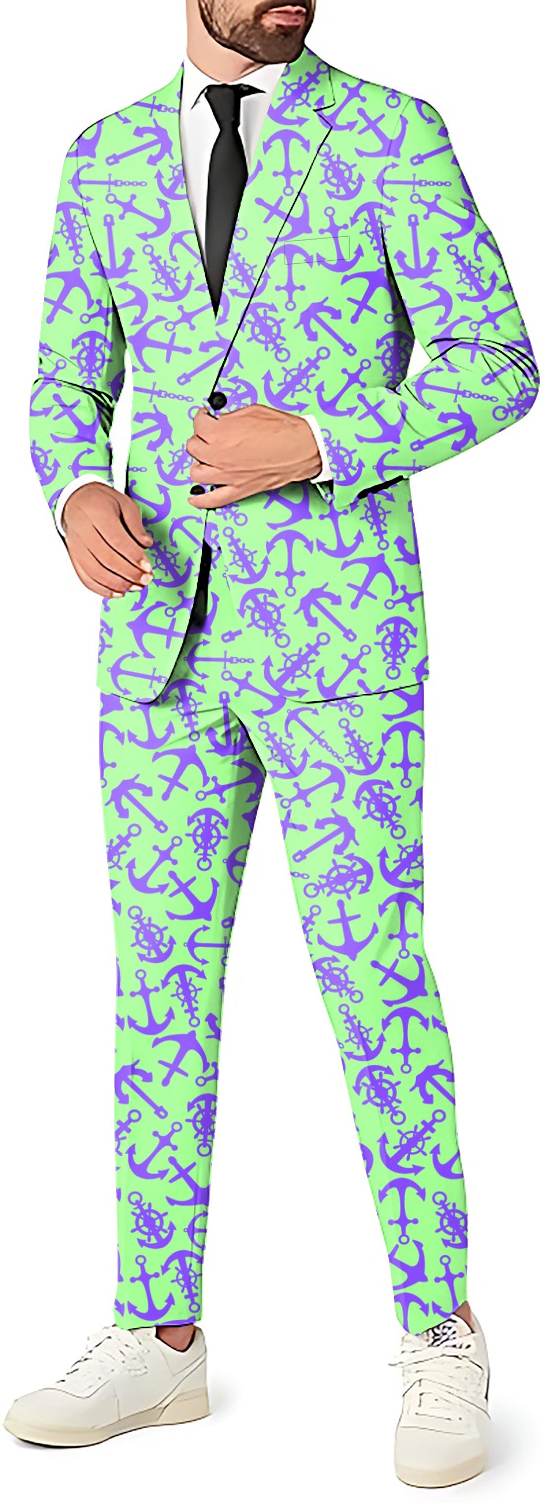 Anchor men's party suit set with purple anchor print blazer, pants, and vest