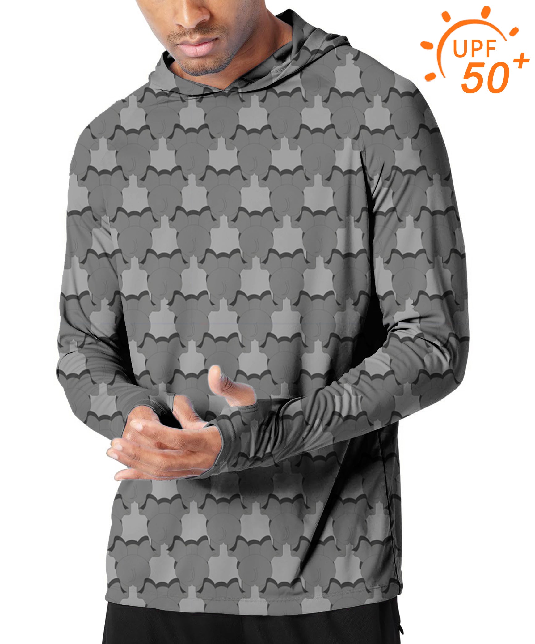 Men's outdoor slim fit hooded golf shirt with elephant print and UPF 50+ sun protection