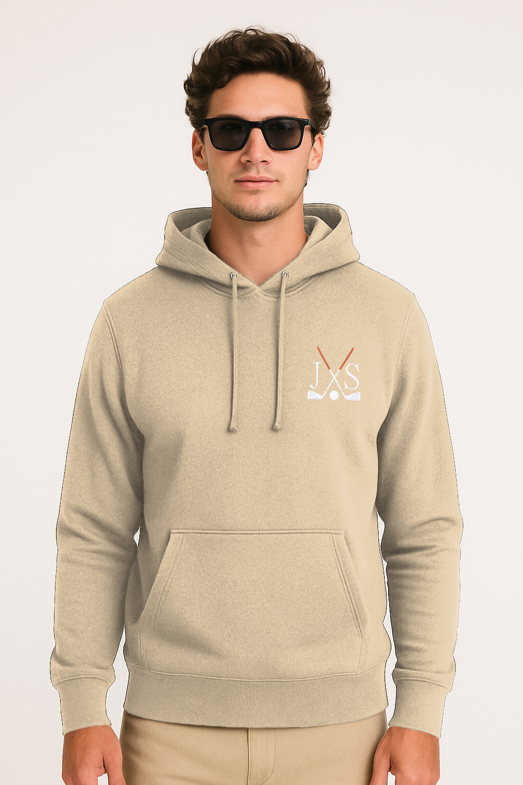 Plus size men's khaki hoodie with embroidery and front pouch pocket, solid color design