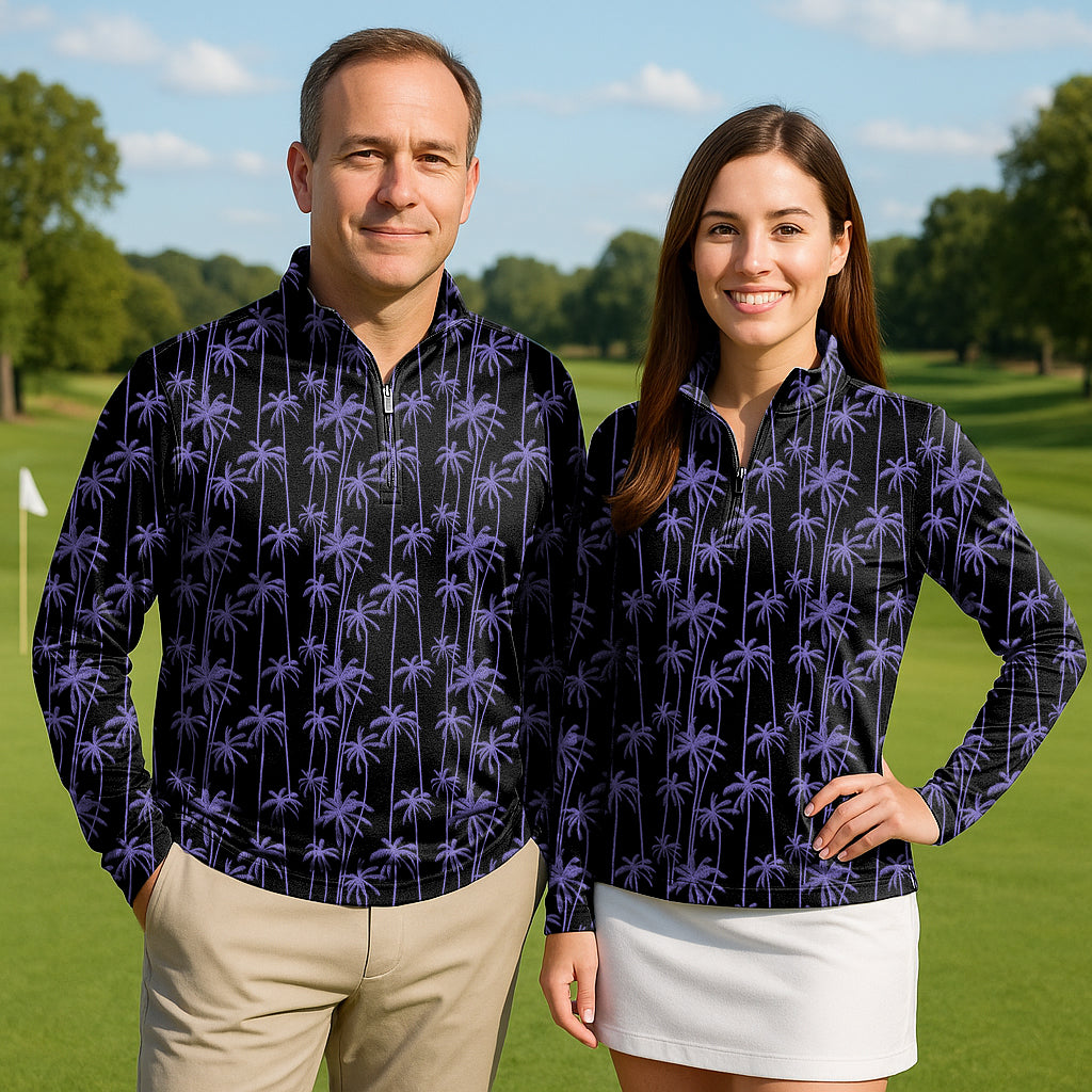 Purple Coconut Tree Couple Golf Active 3/4 Zipper Top Long Sleeves
