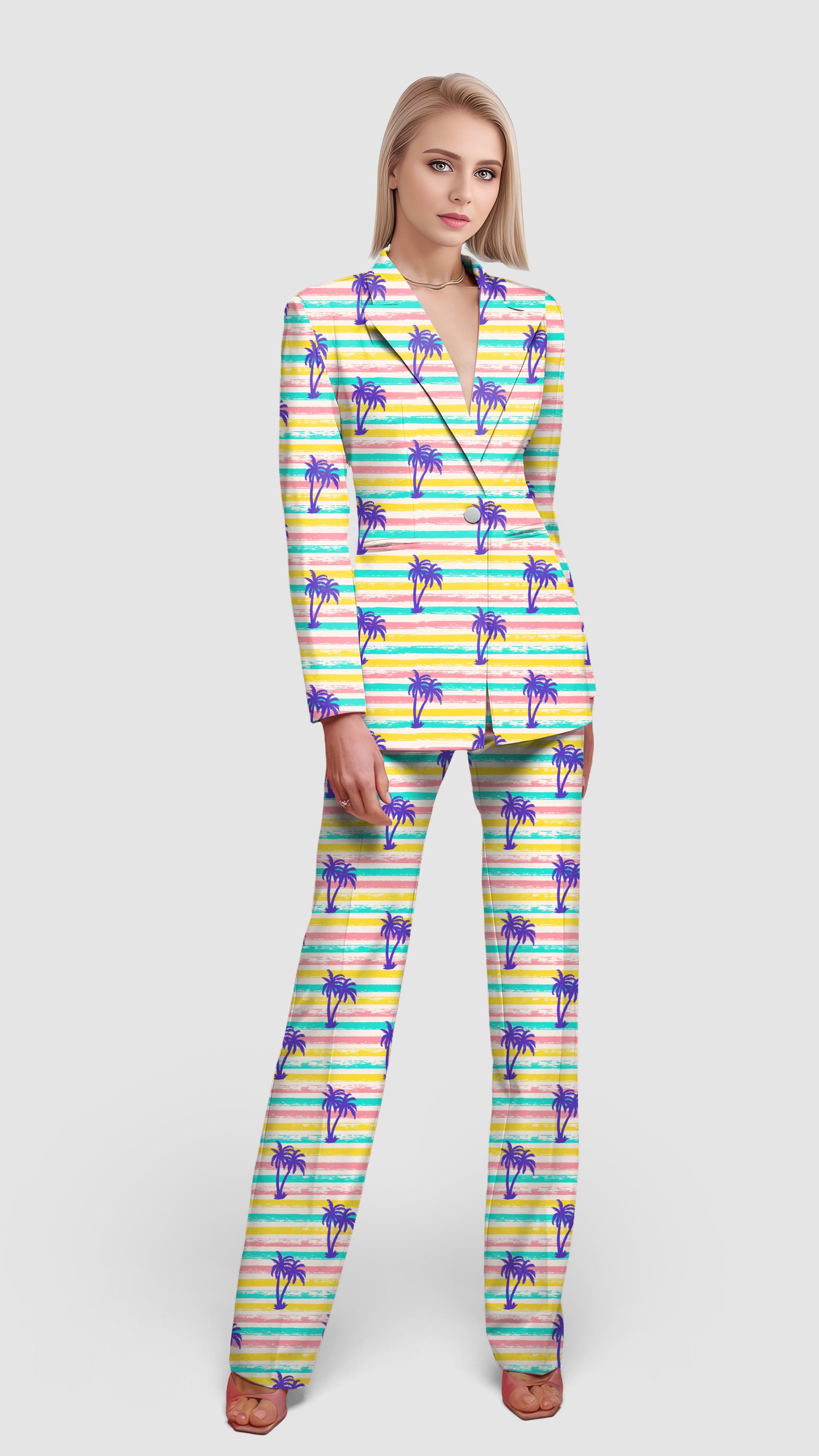 Striped Summer Palm tree-Women's Blazer Casual Work Office Blazer Suit set