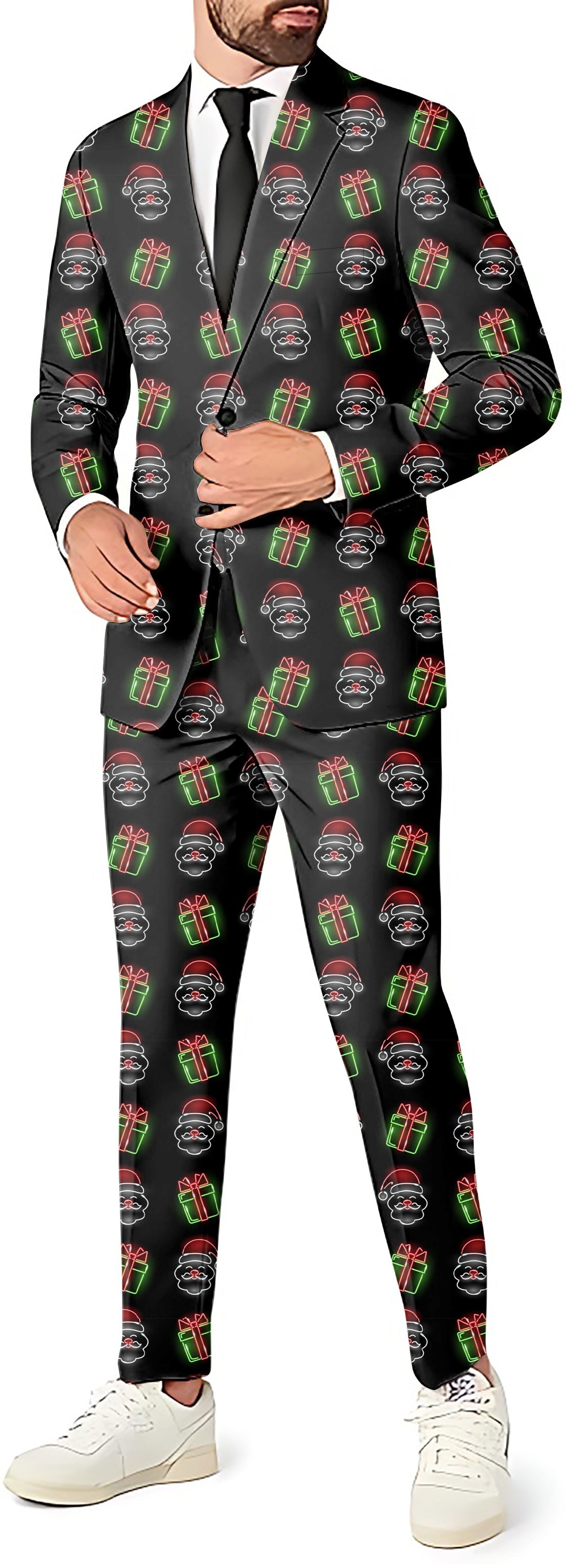 Men's Neon Santa party suit set with blazer, pants, and vest featuring festive gift and Santa print