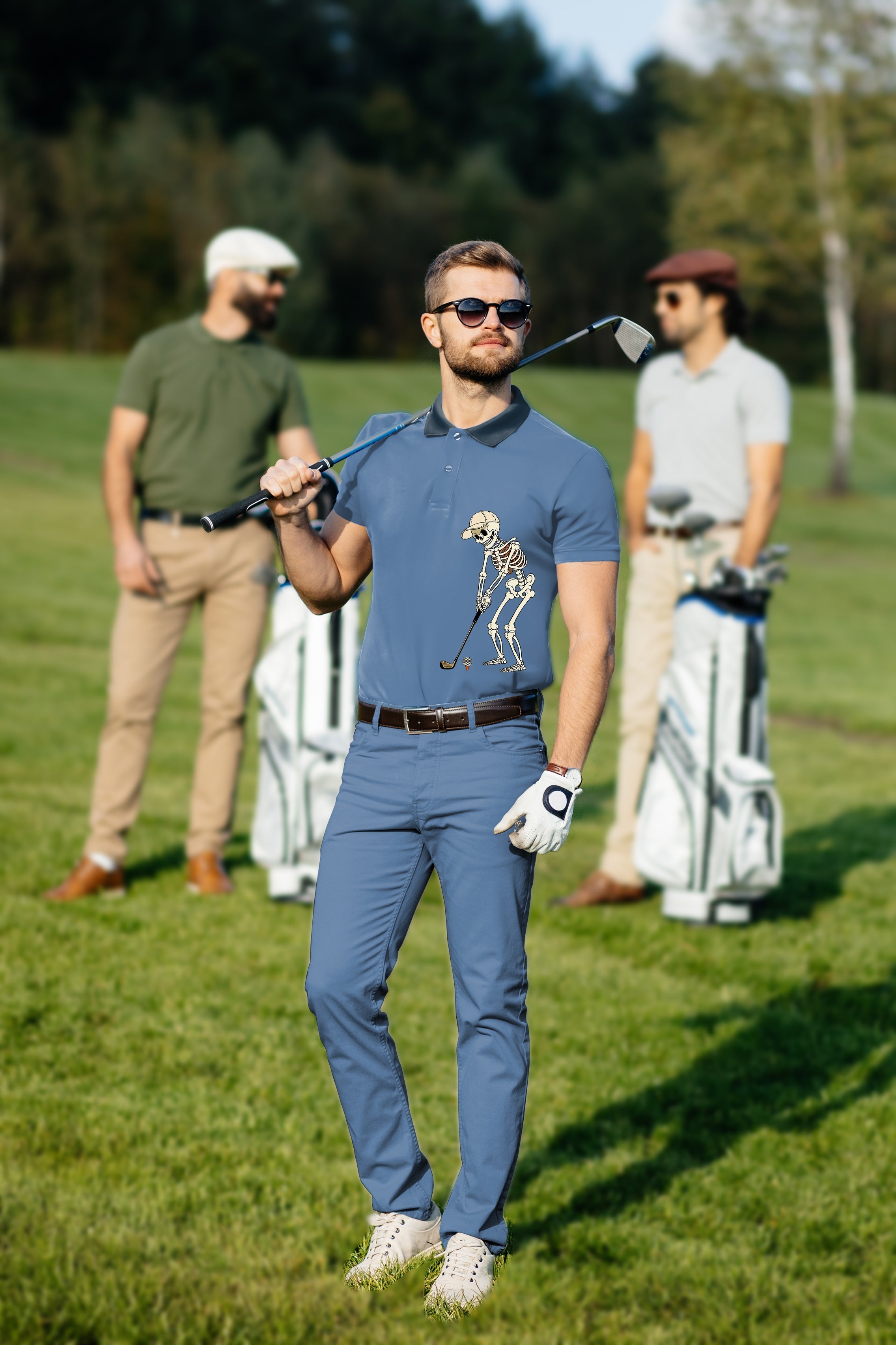 Men's golf set with skeleton design polo and pants in white and royal blue on golf course