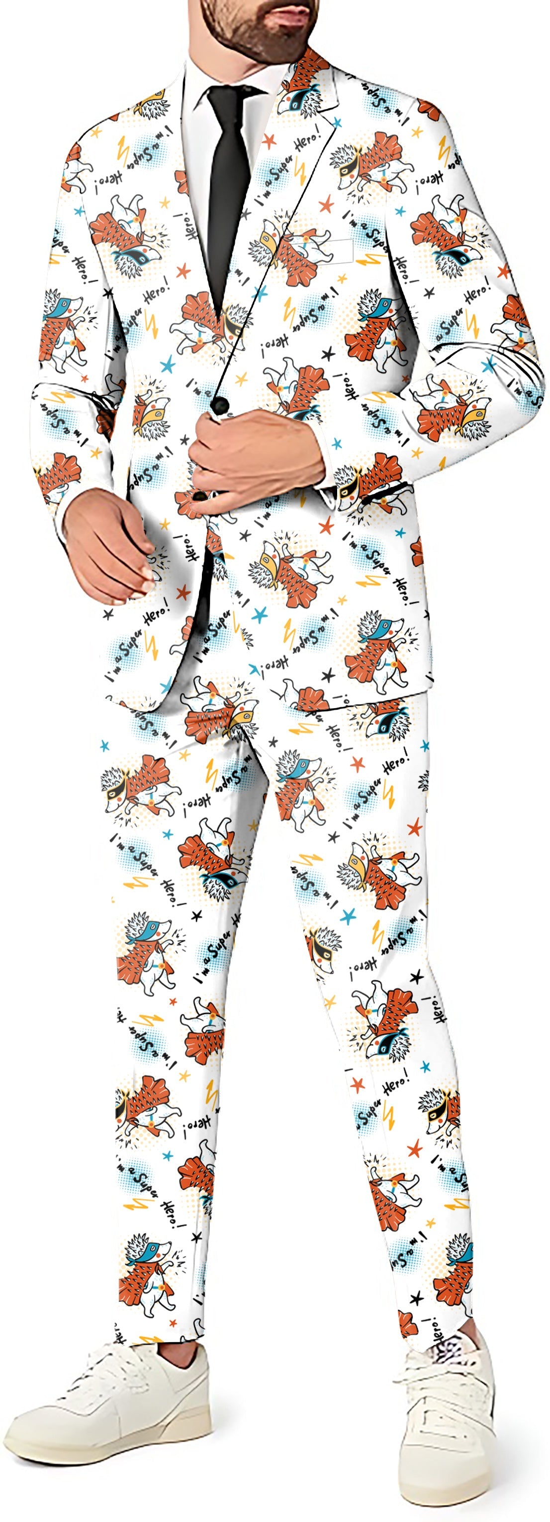 Handsome Hedgehog men's party suit set with blazer, pants, and vest featuring hedgehog pattern