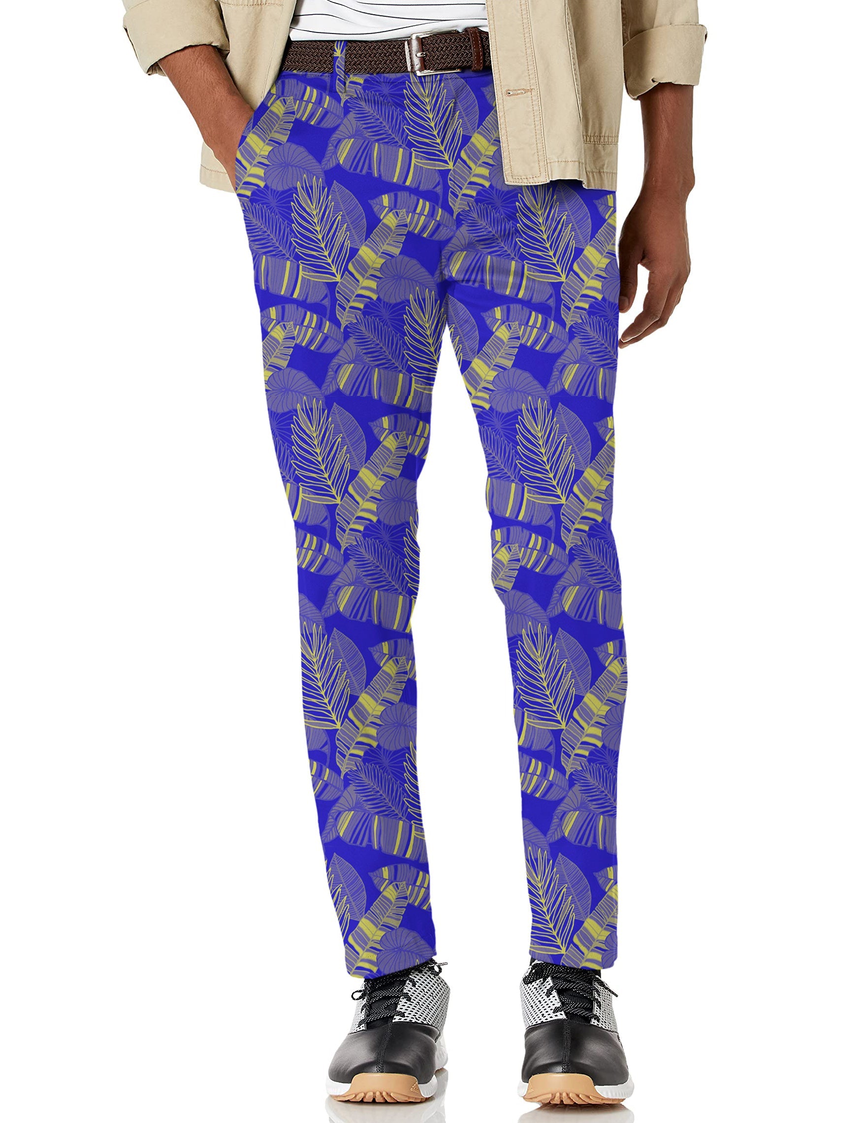 Men's palms yellow stretch golf pants with moisture-wicking and wrinkle-resistant fabric