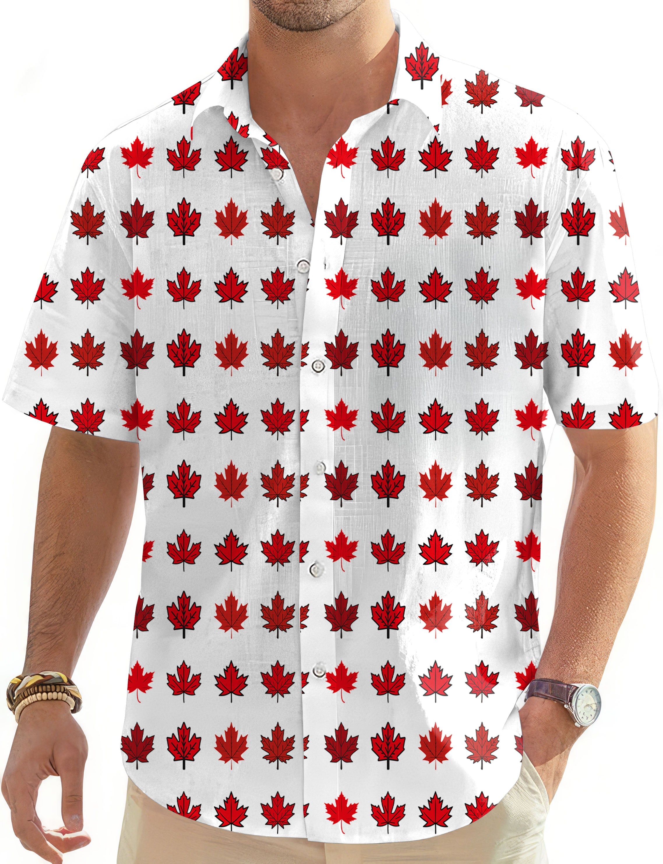 Men's button-down shirt with Canada red maple leaves pattern, short sleeves, classic collar, and patch pocket.