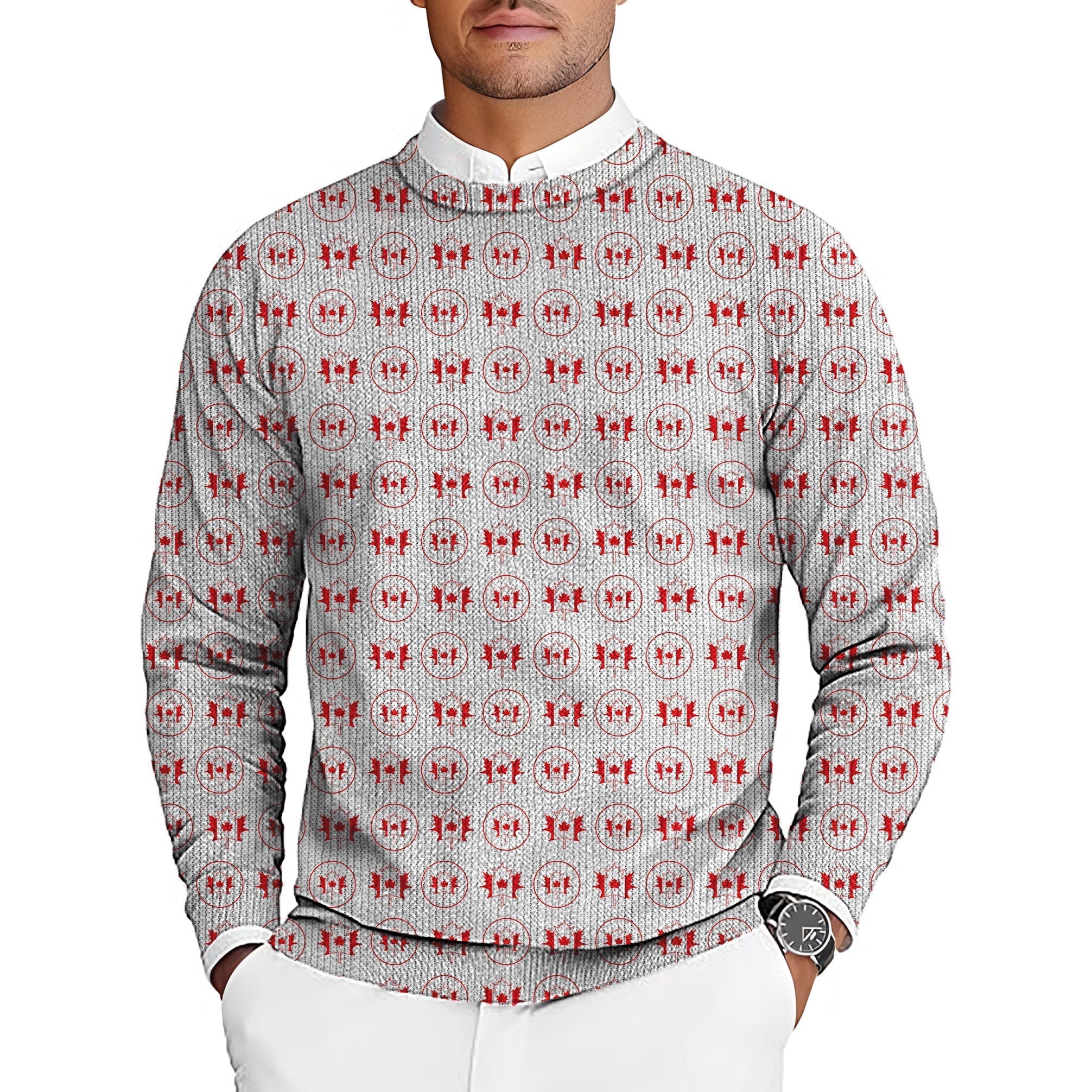 Men's golf crewneck pullover sweater with Circle Canada Maple Leaves pattern and red maple leaf design